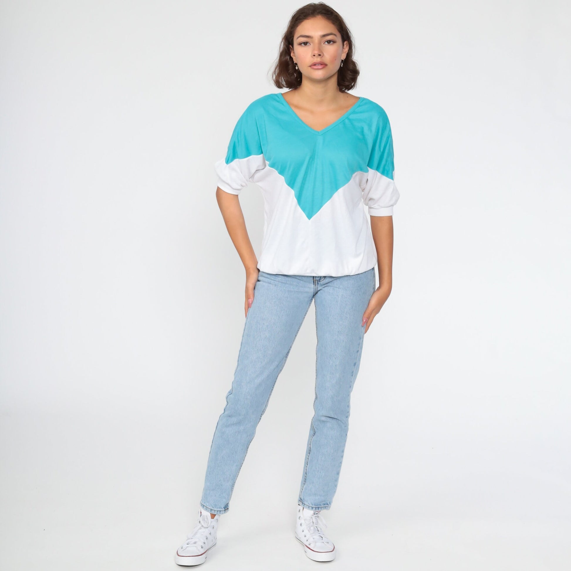 80s Turquoise White Color Block Dolman Sleeve V-Neck Top Large