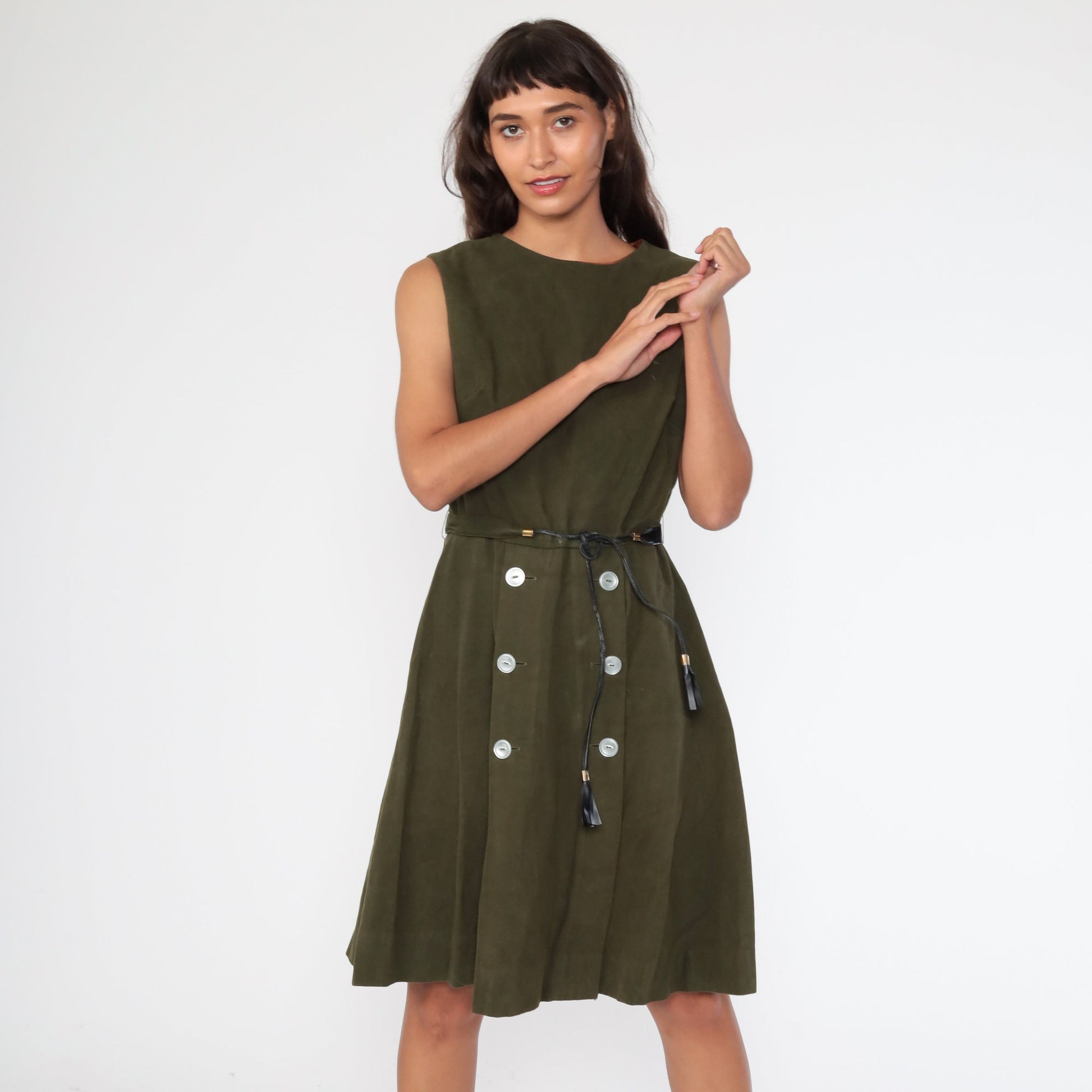 60s Mod Mini Dress Olive Green Faux Suede High Waist Sleeveless Small