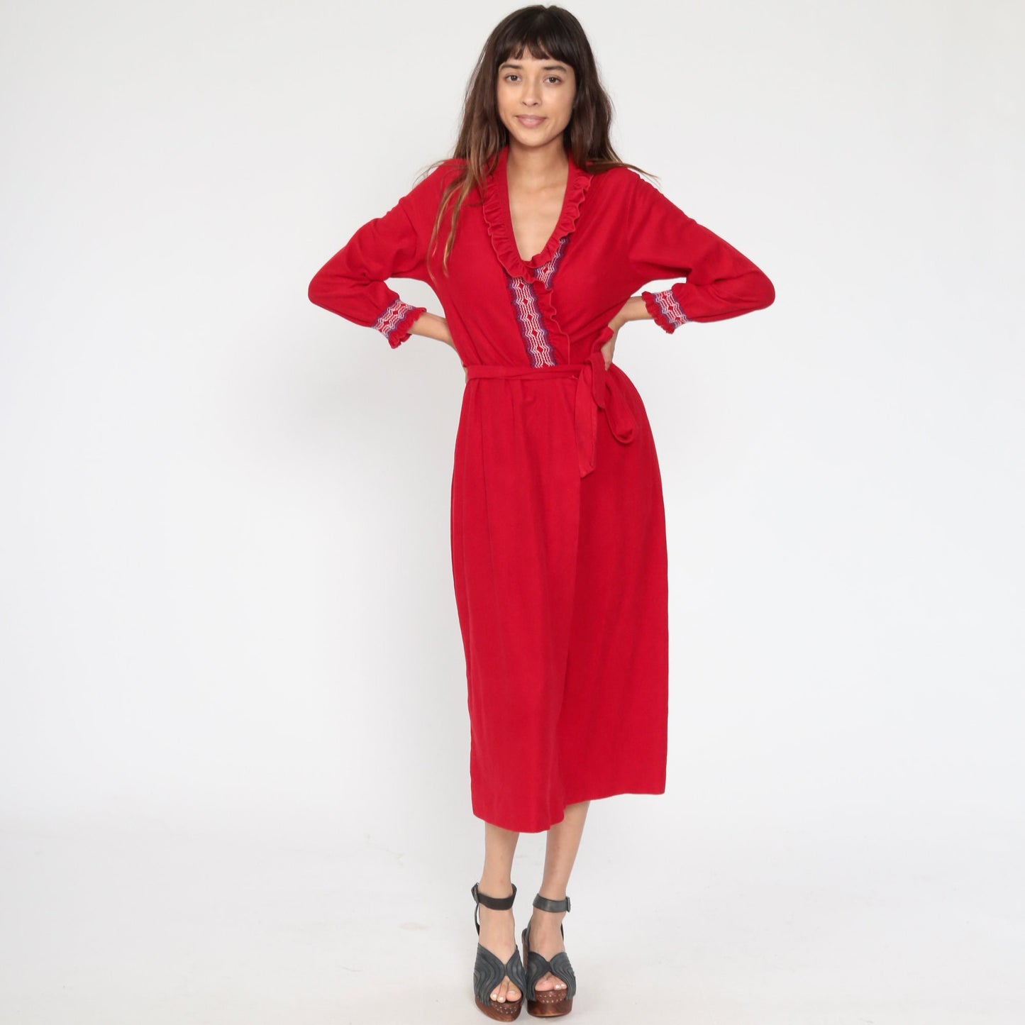 70s Anne Leslie Red Wrap Maxi Robe Dress Belted Loungewear Small Medium
