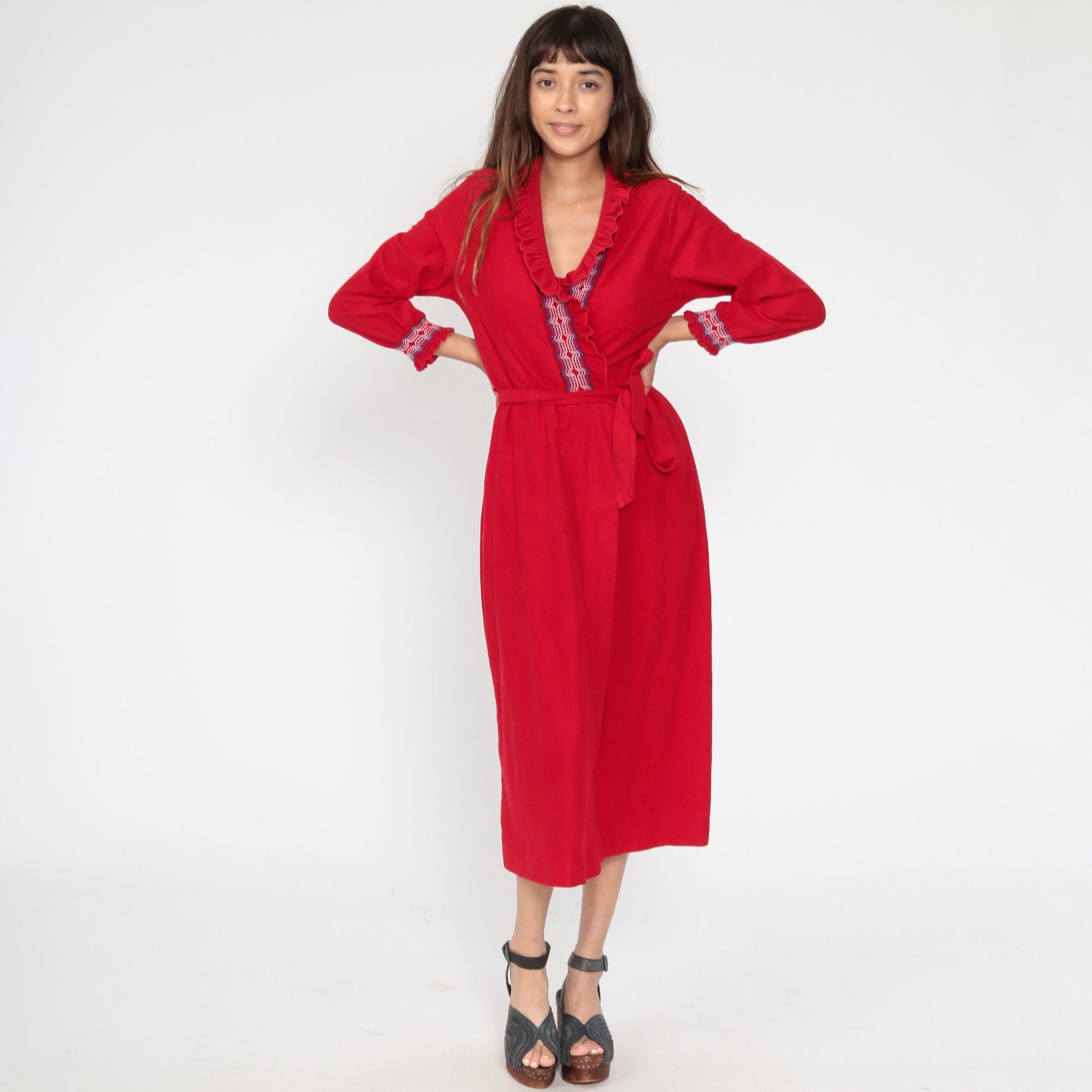 70s Anne Leslie Red Wrap Maxi Robe Dress Belted Loungewear Small Medium