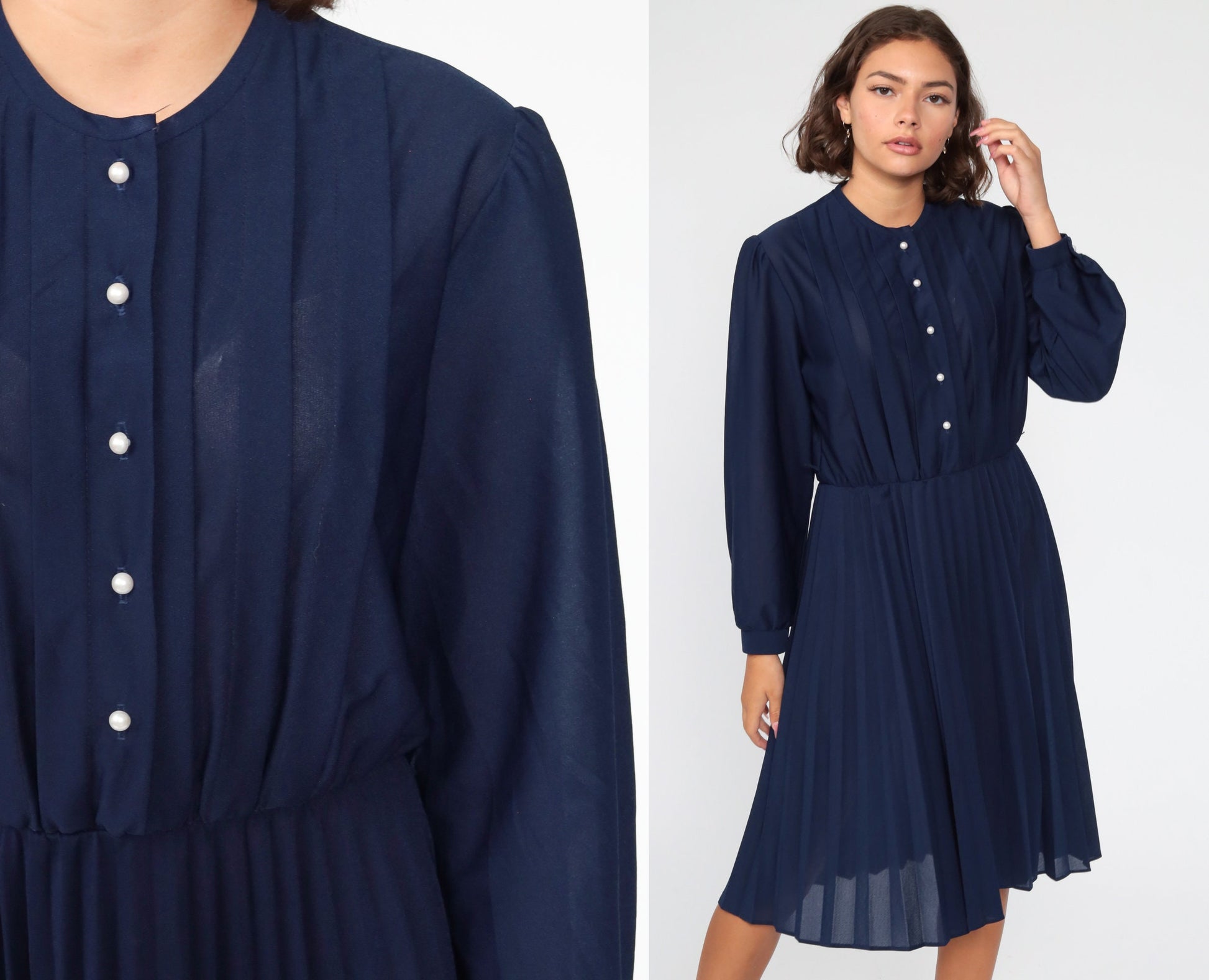 80s Navy Puff Sleeve Midi Dress High Waist Pleated Elastic Waist Medium