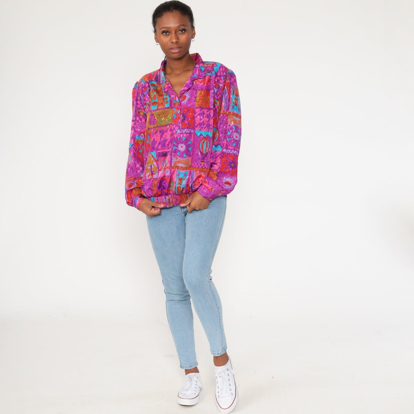 90s Floral Patchwork Colour Block Blouse Purple Neon Button Up Large
