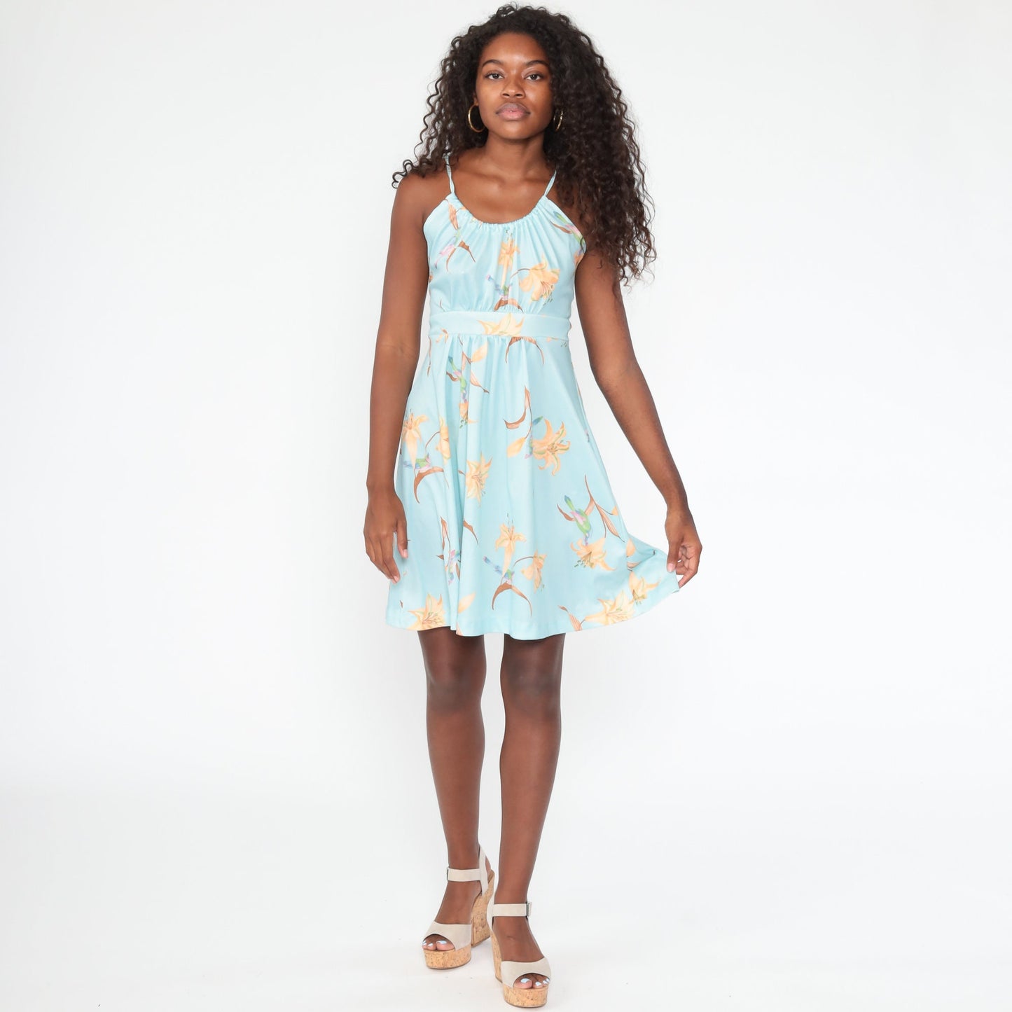 70s Tropical Floral Sun Dress Pastel Blue Criss Cross Back Mini Small Medium