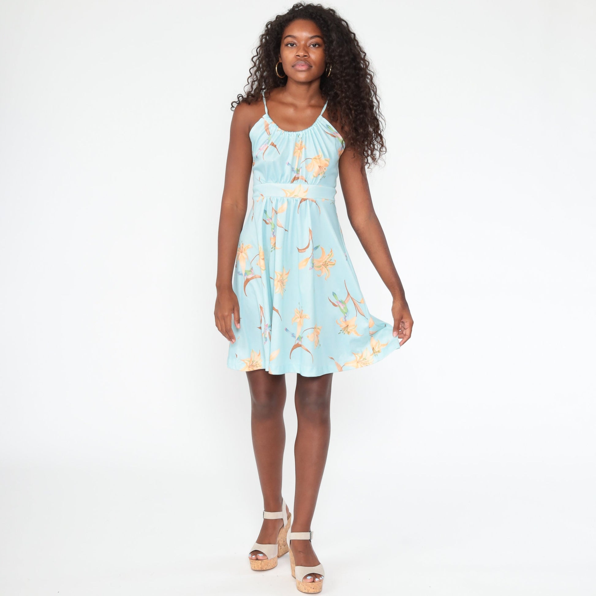 70s Tropical Floral Sun Dress Pastel Blue Criss Cross Back Mini Small Medium