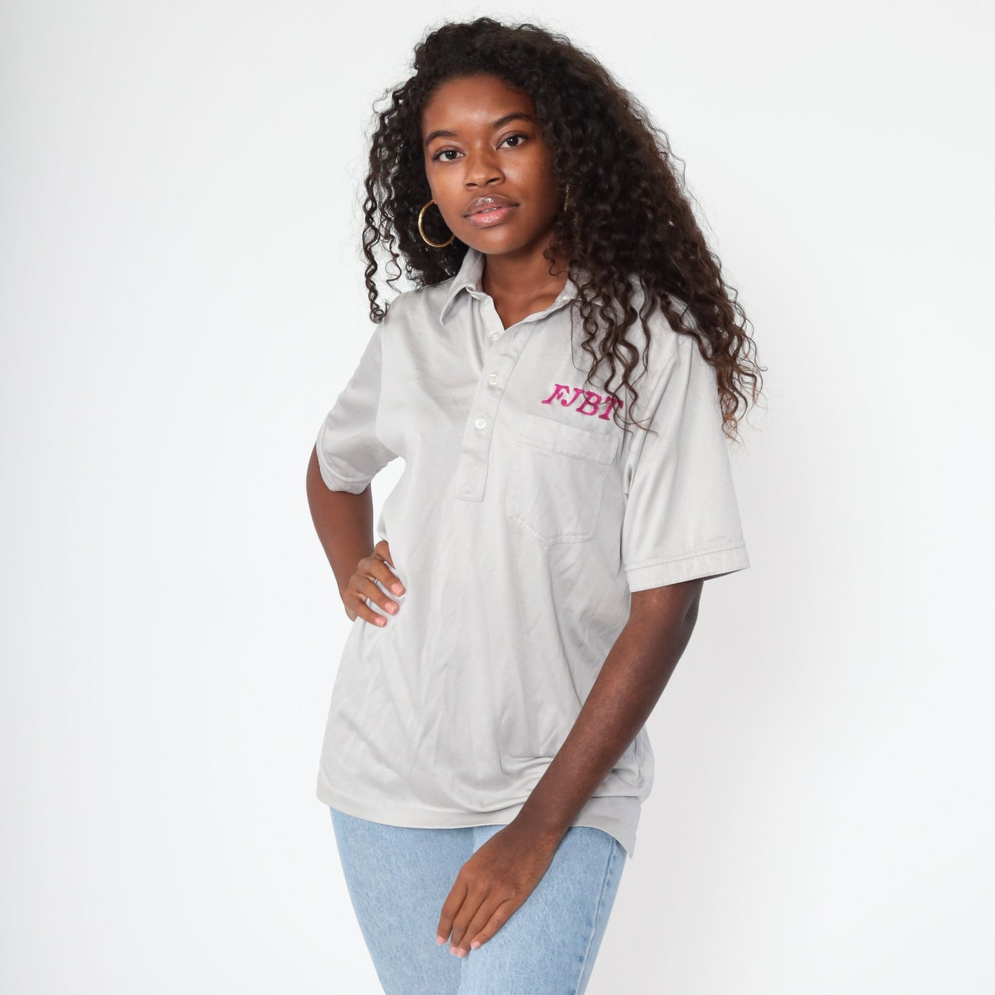 70s Eric Jones Embroidered Uniform Bowling Shirt Grey Small