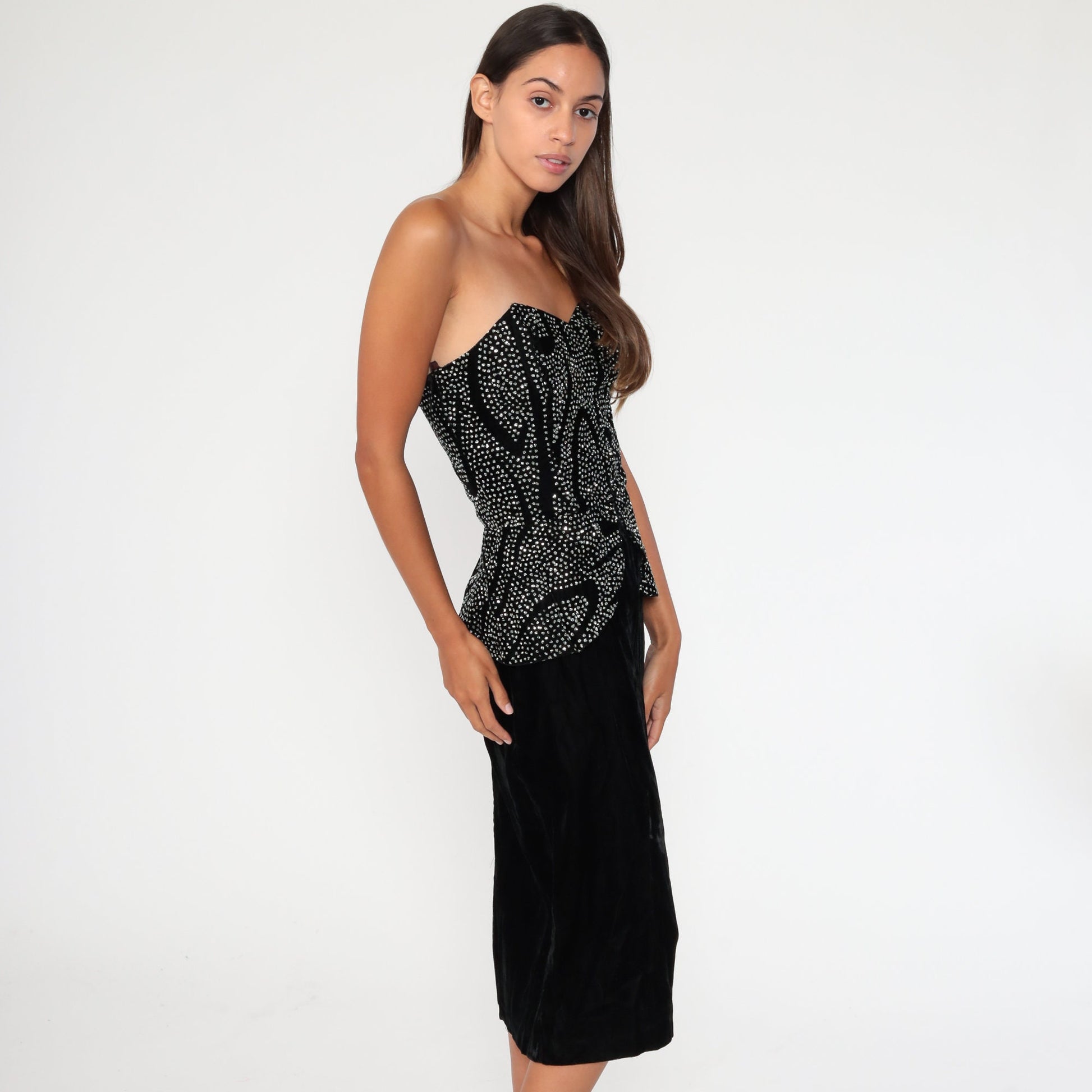 80s Black Velvet Strapless Mini Dress Sweetheart Neckline Rhinestone Extra Small