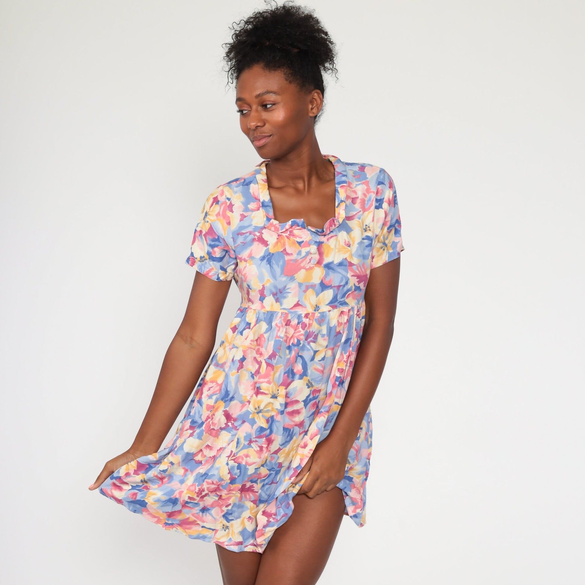 90s Floral Babydoll Dress Mini Empire Waist Short Sleeve Small
