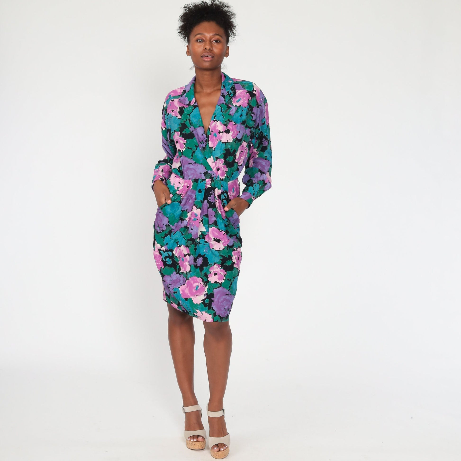 80s Pat Argenti Floral Wrap Dress Purple Midi Dolman Sleeve Medium