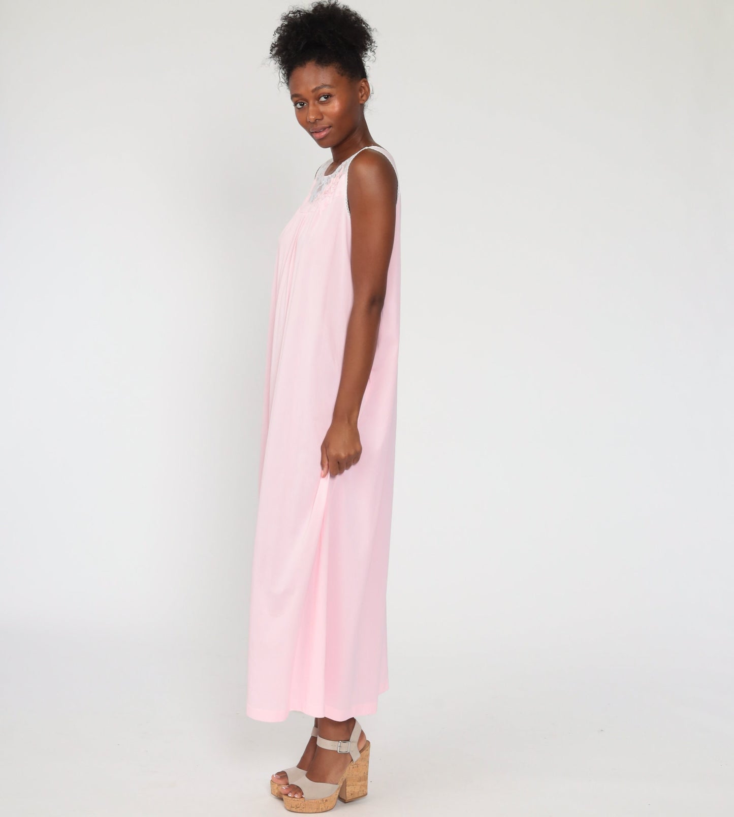 70s Baby Pink Nylon Lace Nightgown Sleeveless Maxi Slip Dress Large