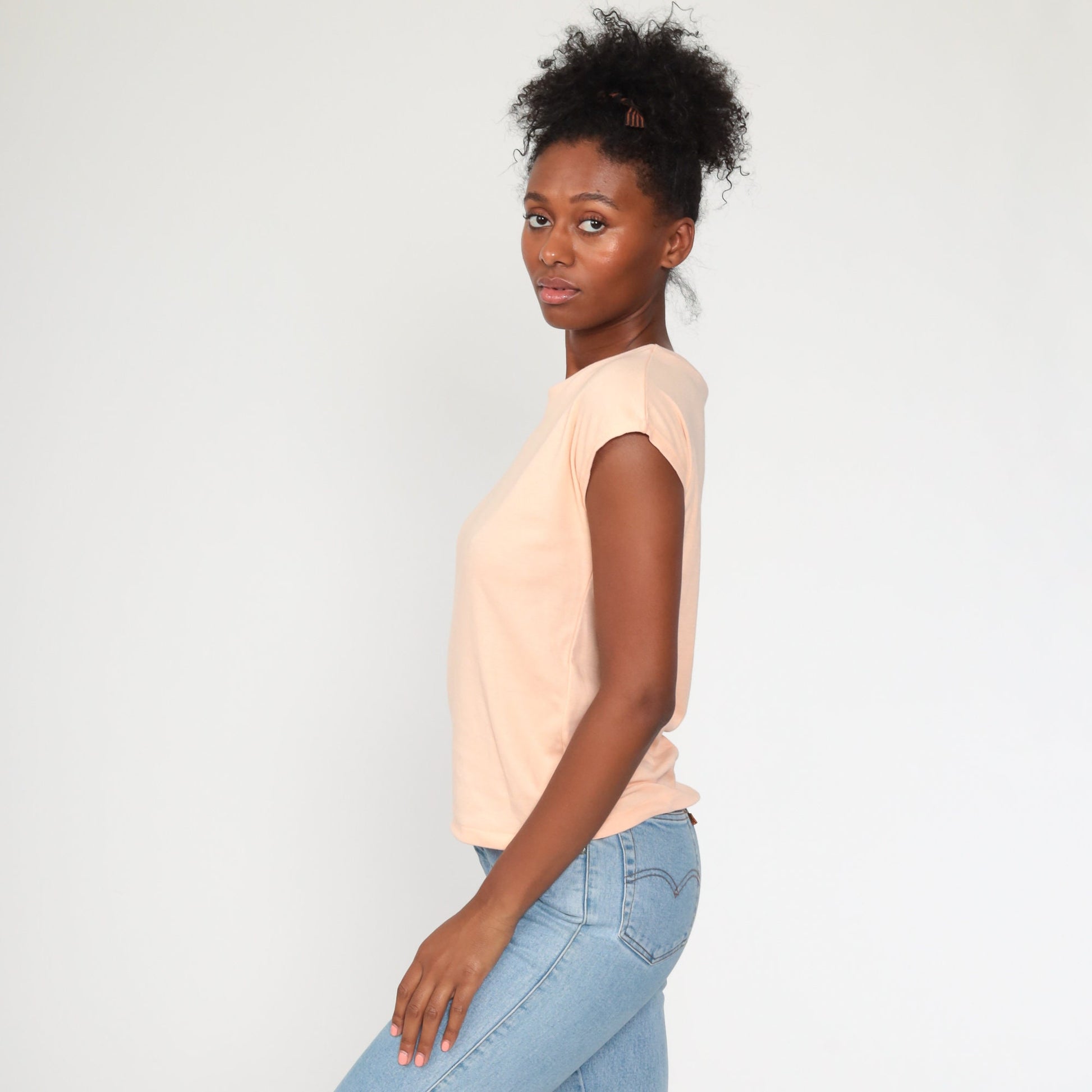 80s Peach Cap Sleeve T-Shirt Plain Cotton Tee Women's Medium