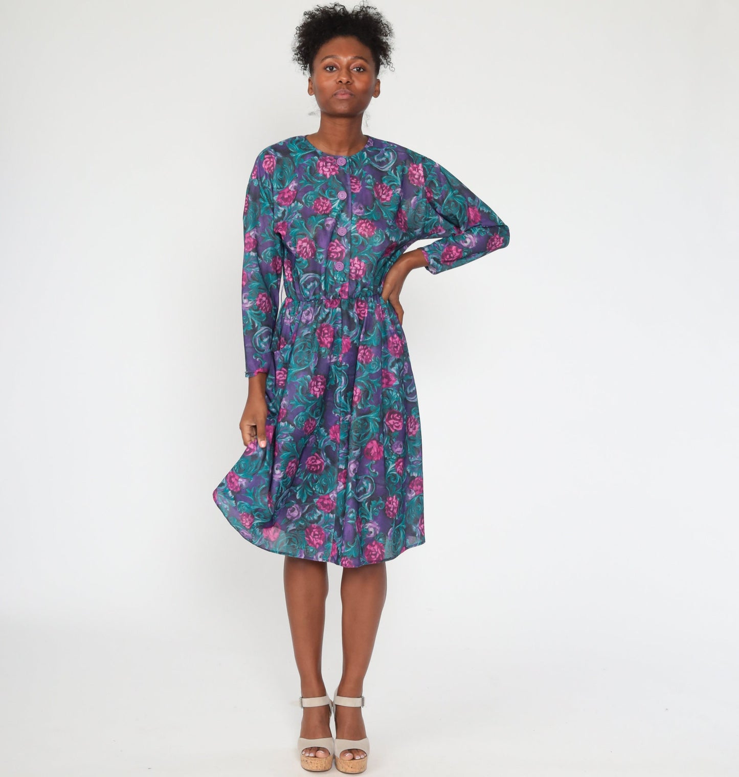 1970s Purple Floral Midi Dress High Waist Long Sleeve Button Front Medium