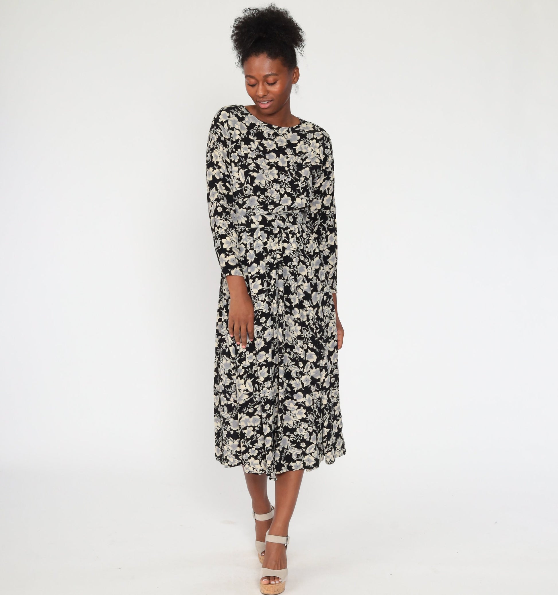 80s Black Floral Midi Dress Button Back Long Sleeve High Waisted Extra Small