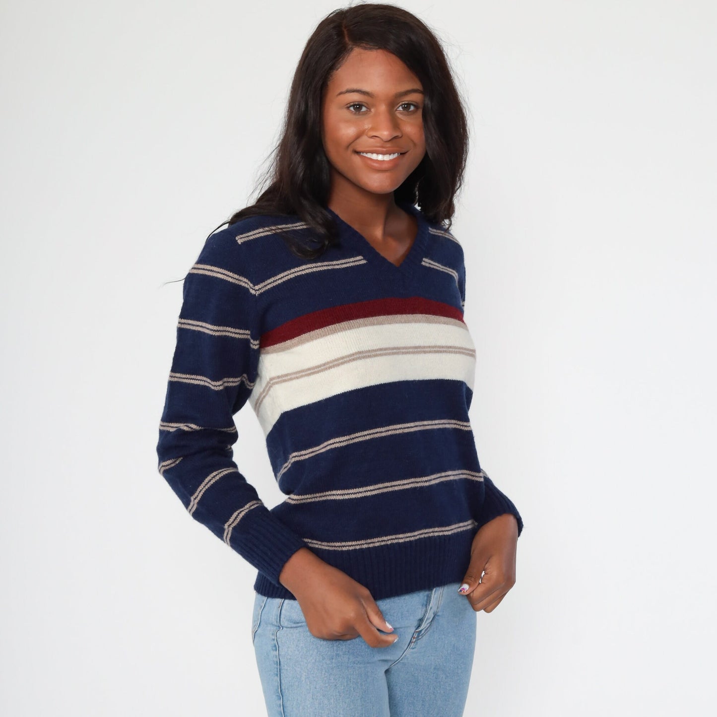 80s Le Tigre Navy Striped V-Neck Knit Sweater Small Medium