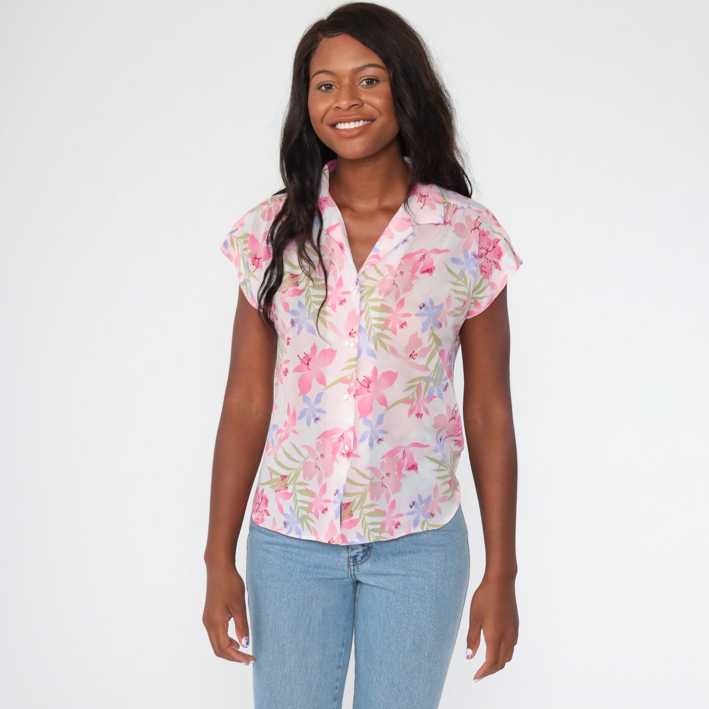 80s Tropical Floral Pink Hawaiian Button-Up Blouse Short Sleeve Medium
