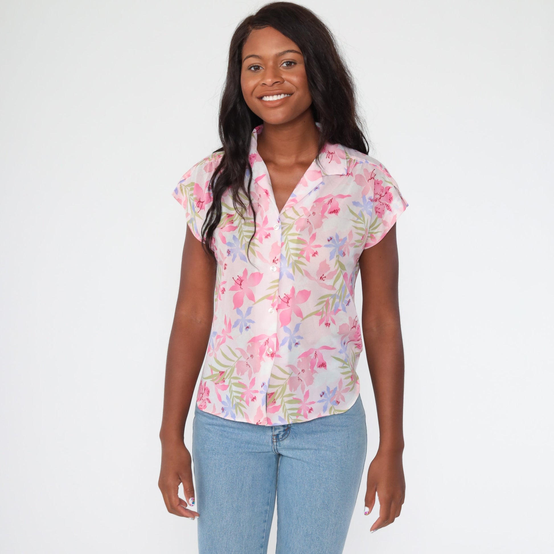 80s Tropical Floral Pink Hawaiian Button-Up Blouse Short Sleeve Medium