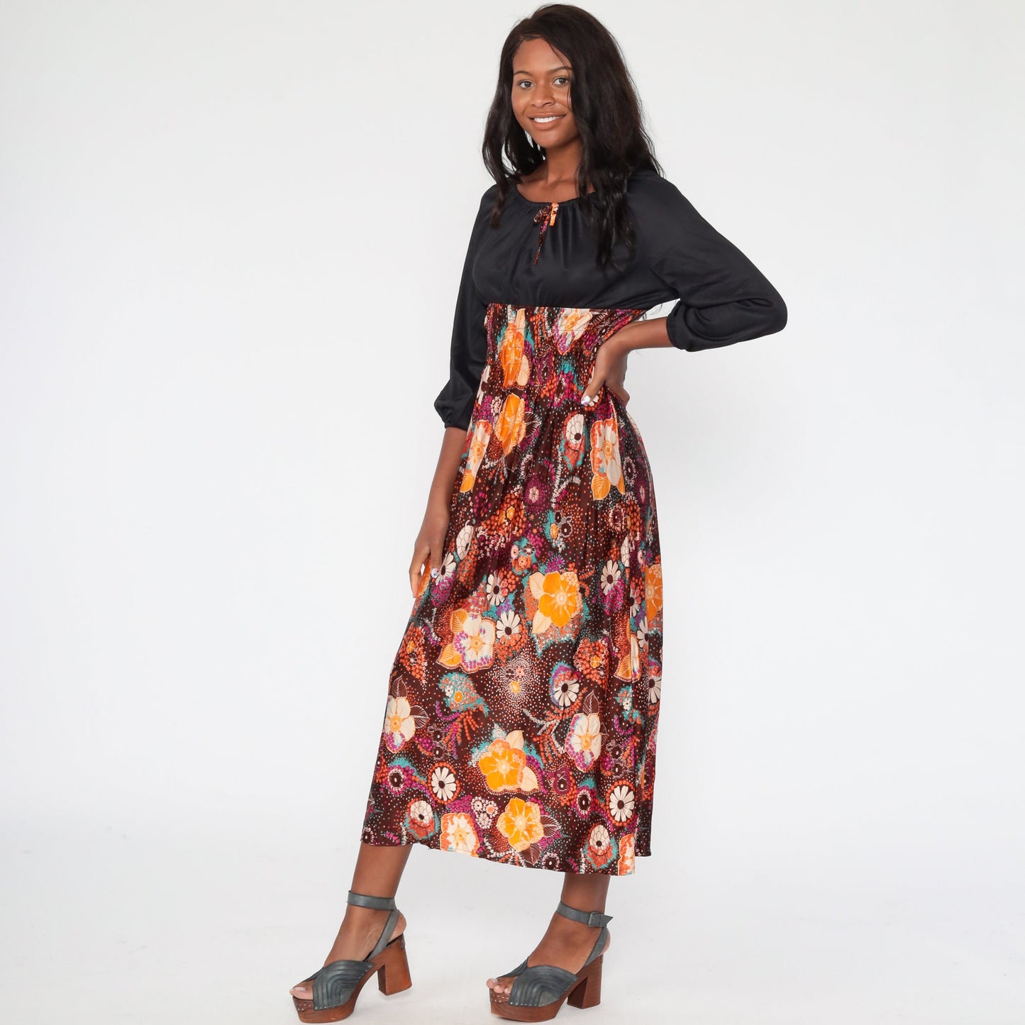 70s Psychedelic Floral Maxi Dress Empire Waist Smocked Black Purple Small