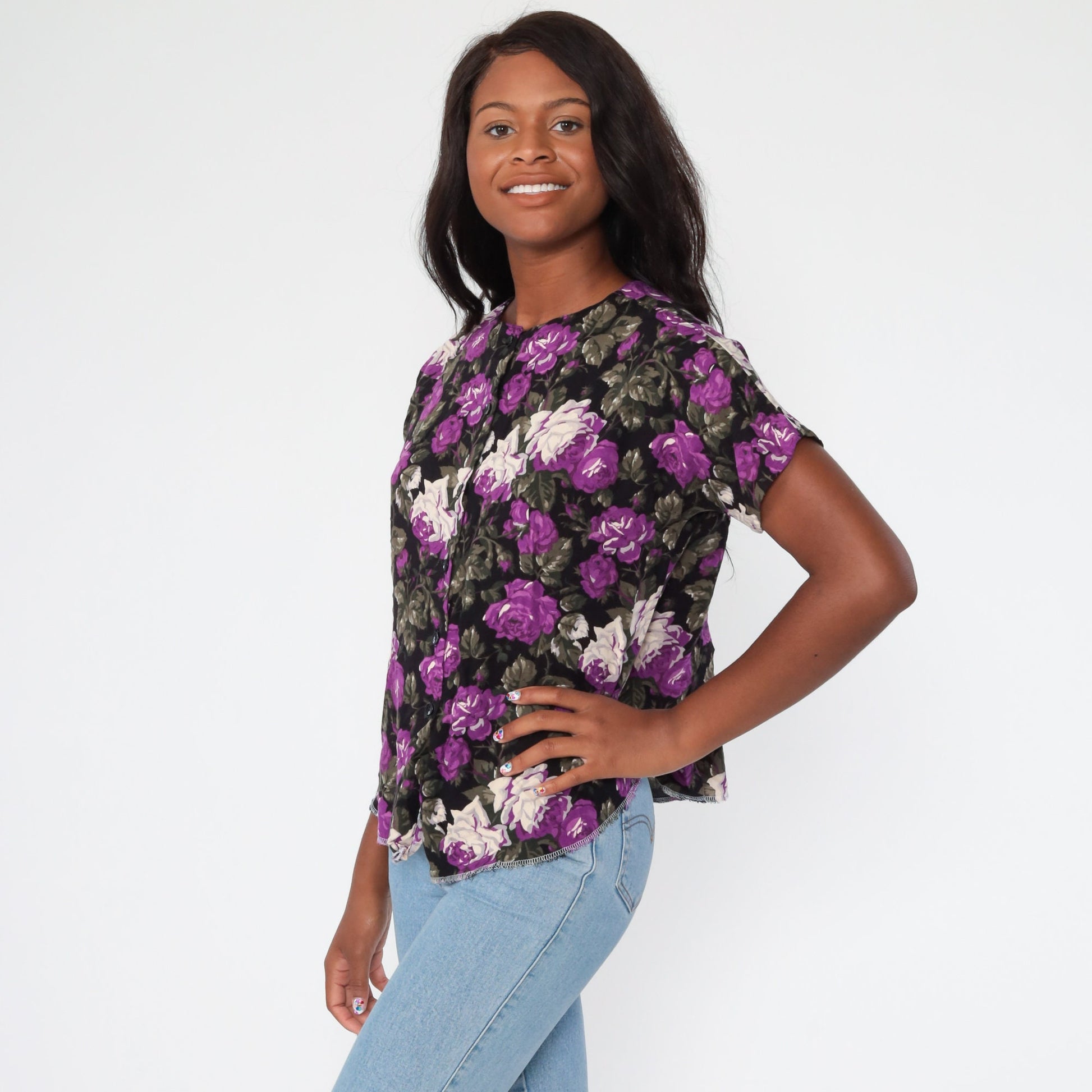 90s Floral Button-Up Blouse Purple Rayon Short Sleeve Medium