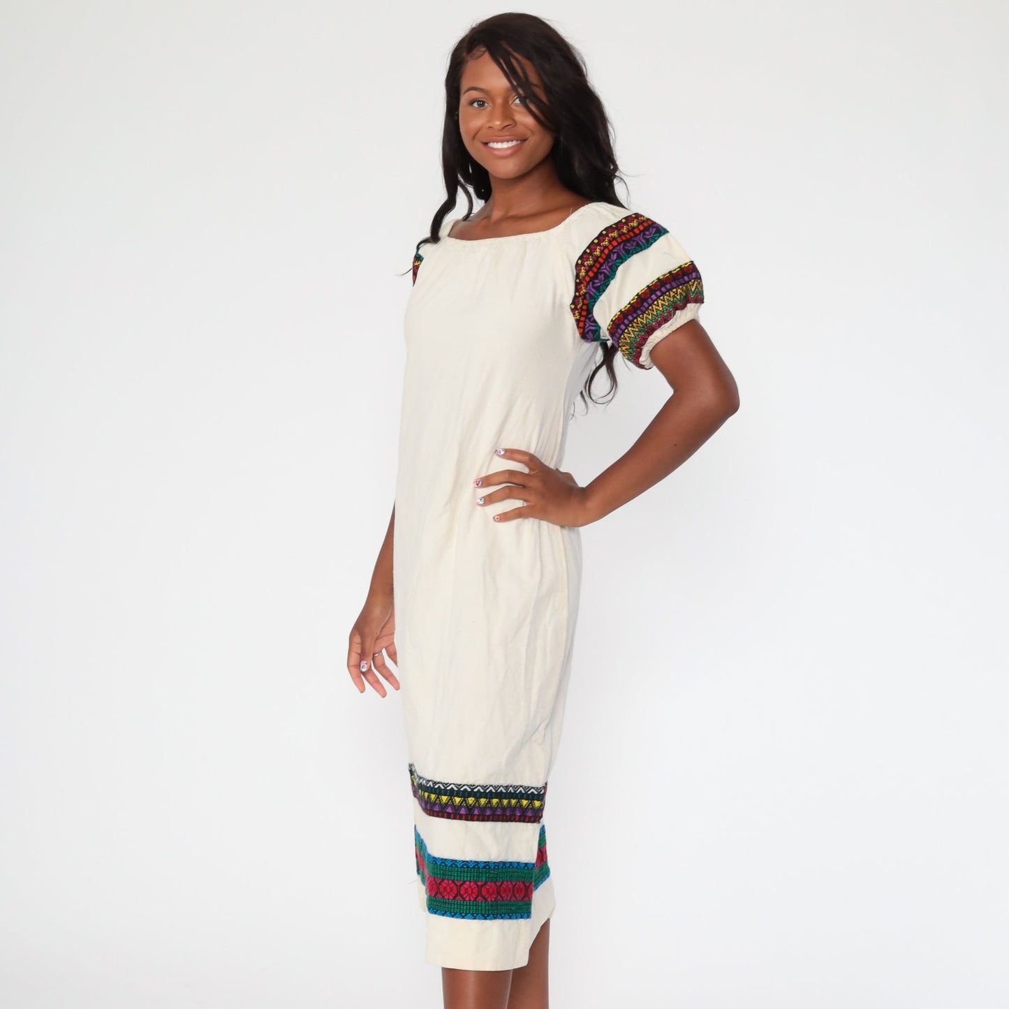 70s Floral Embroidered Peasant Dress Cream Puff Sleeve Midi Extra Small