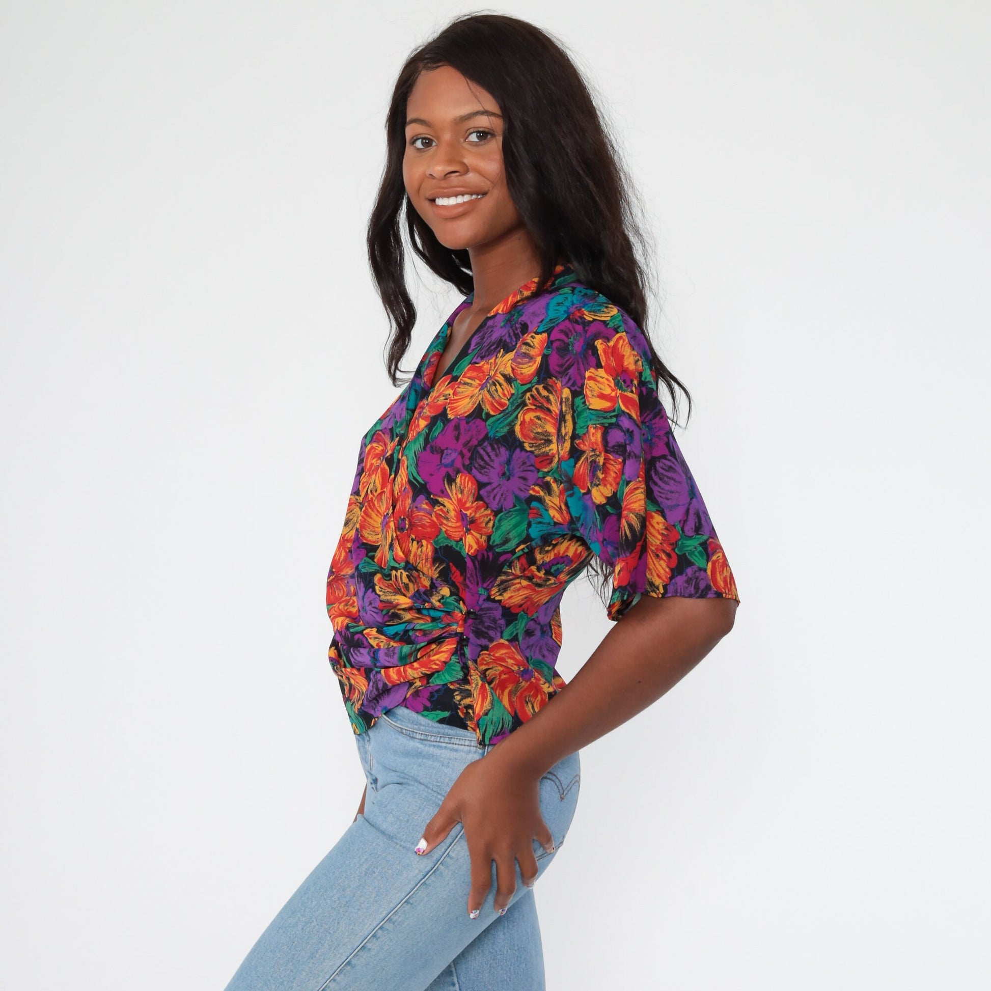 80s Toni Petite Floral Wrap Crop Top Purple Tropical Blouse Medium