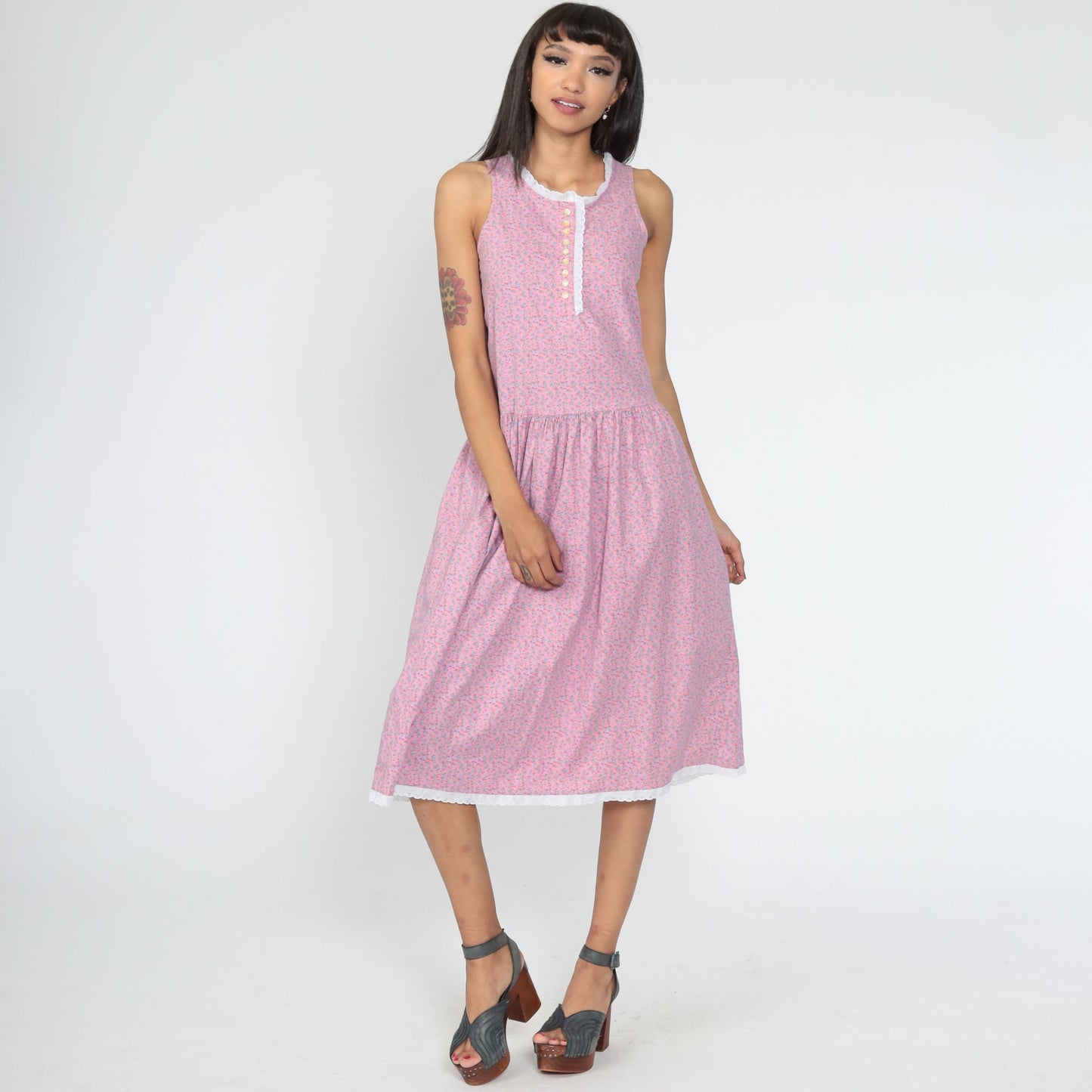 80s Calico Floral Midi Dress Pink Eyelet Lace Drop Waist Sleeveless Extra Small