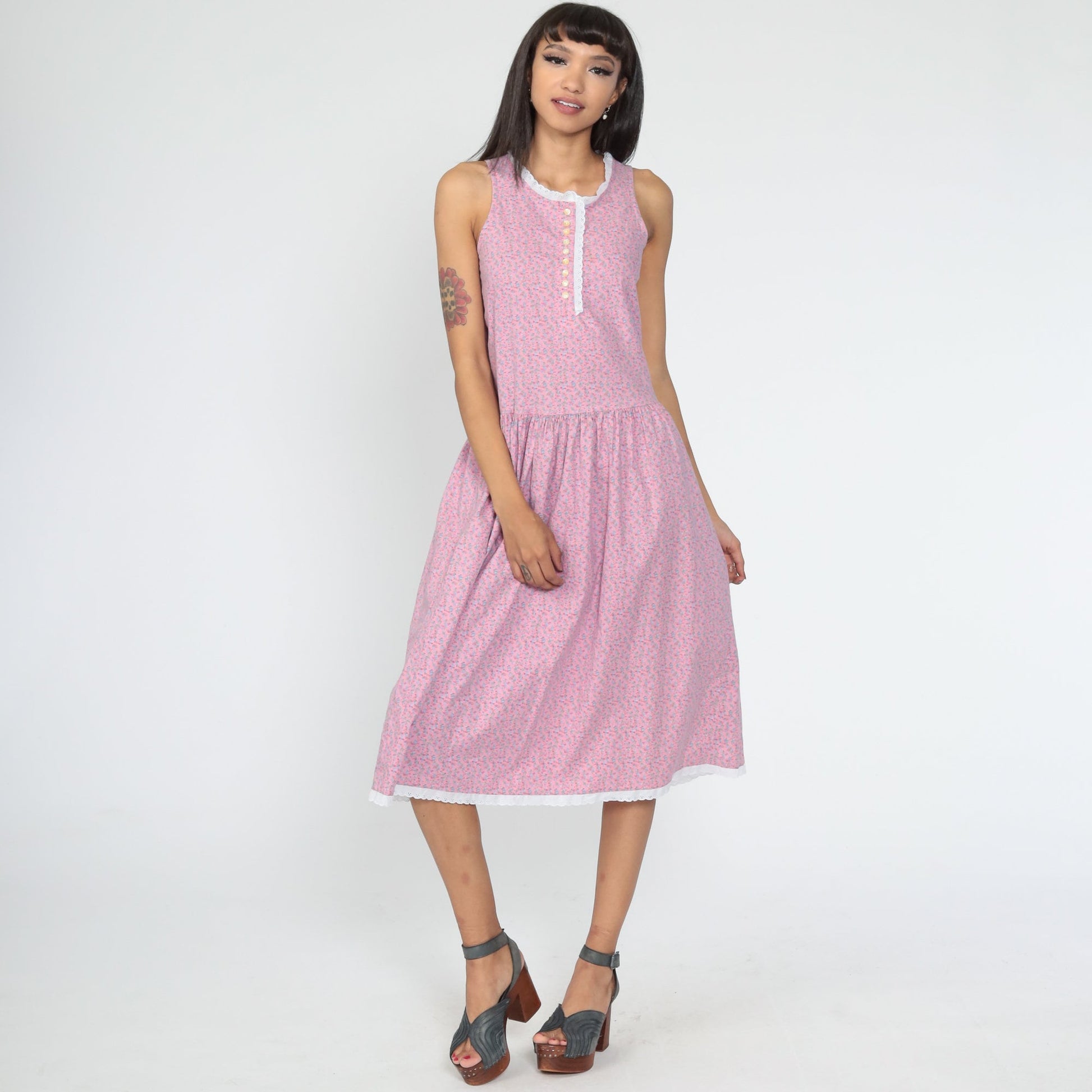 80s Calico Floral Midi Dress Pink Eyelet Lace Drop Waist Sleeveless Extra Small