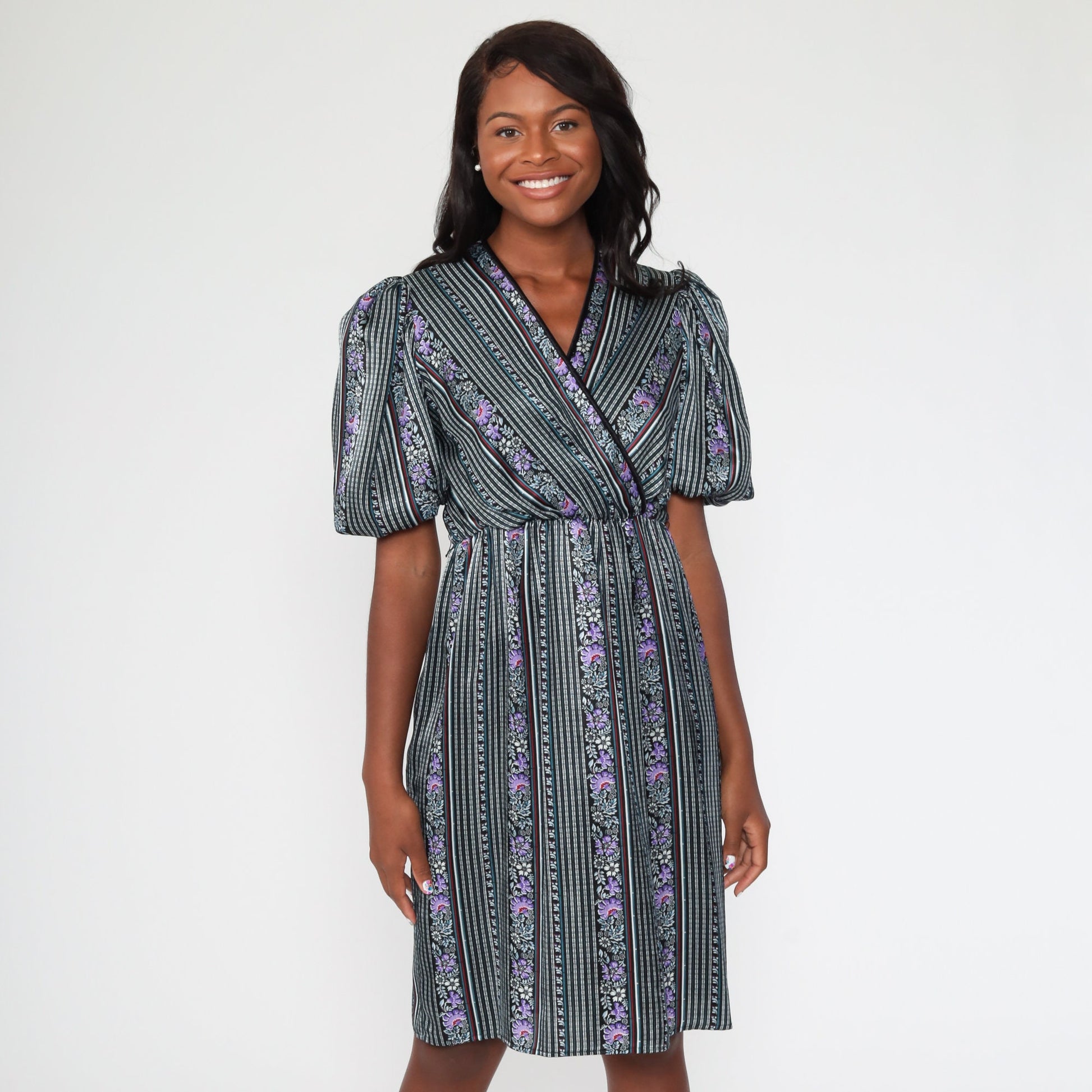 1970s Striped Floral Midi Dress Purple Black V-Neck Puff Sleeve High Waist Small