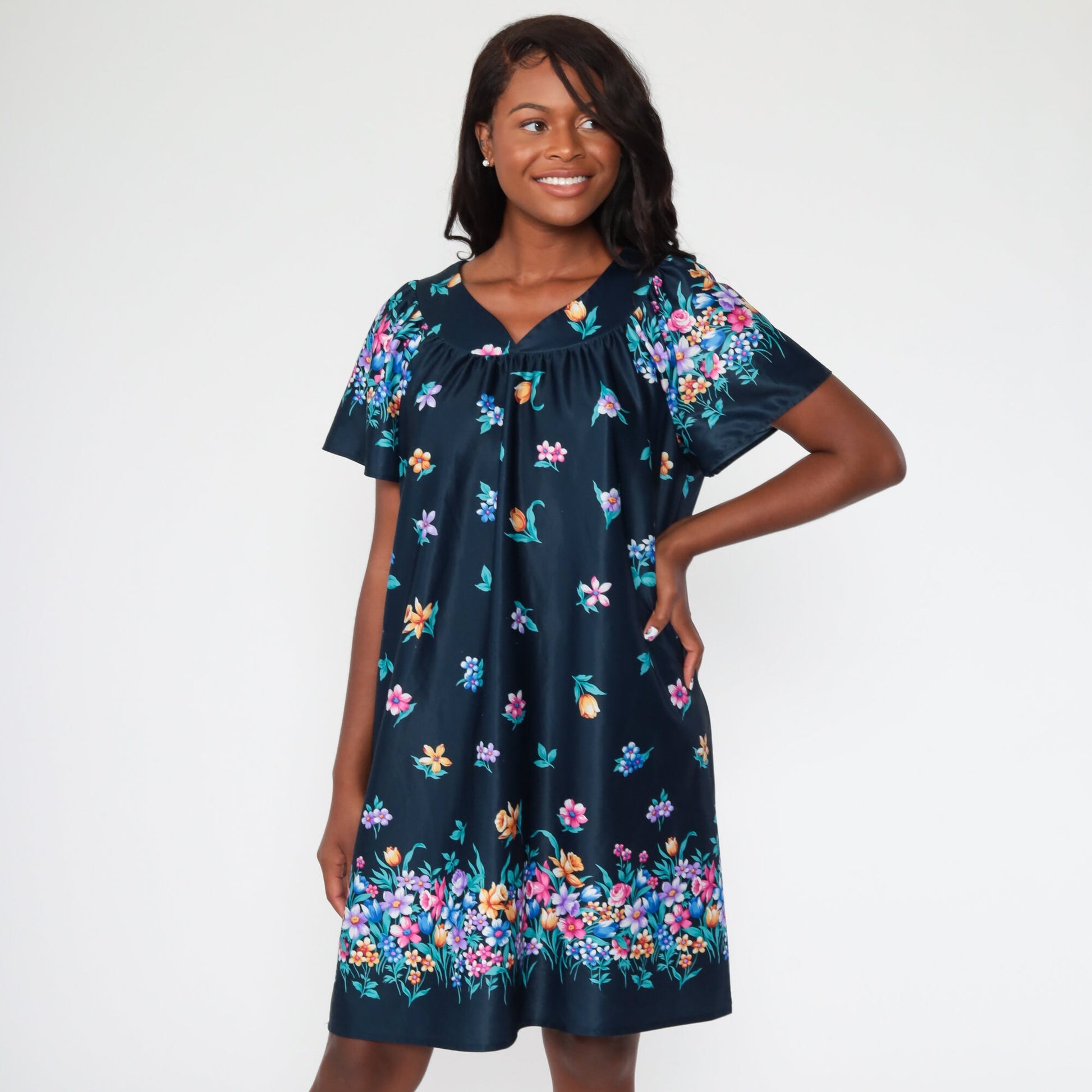 00s Blue Floral Tent Dress Mini Short Sleeve Shift Medium