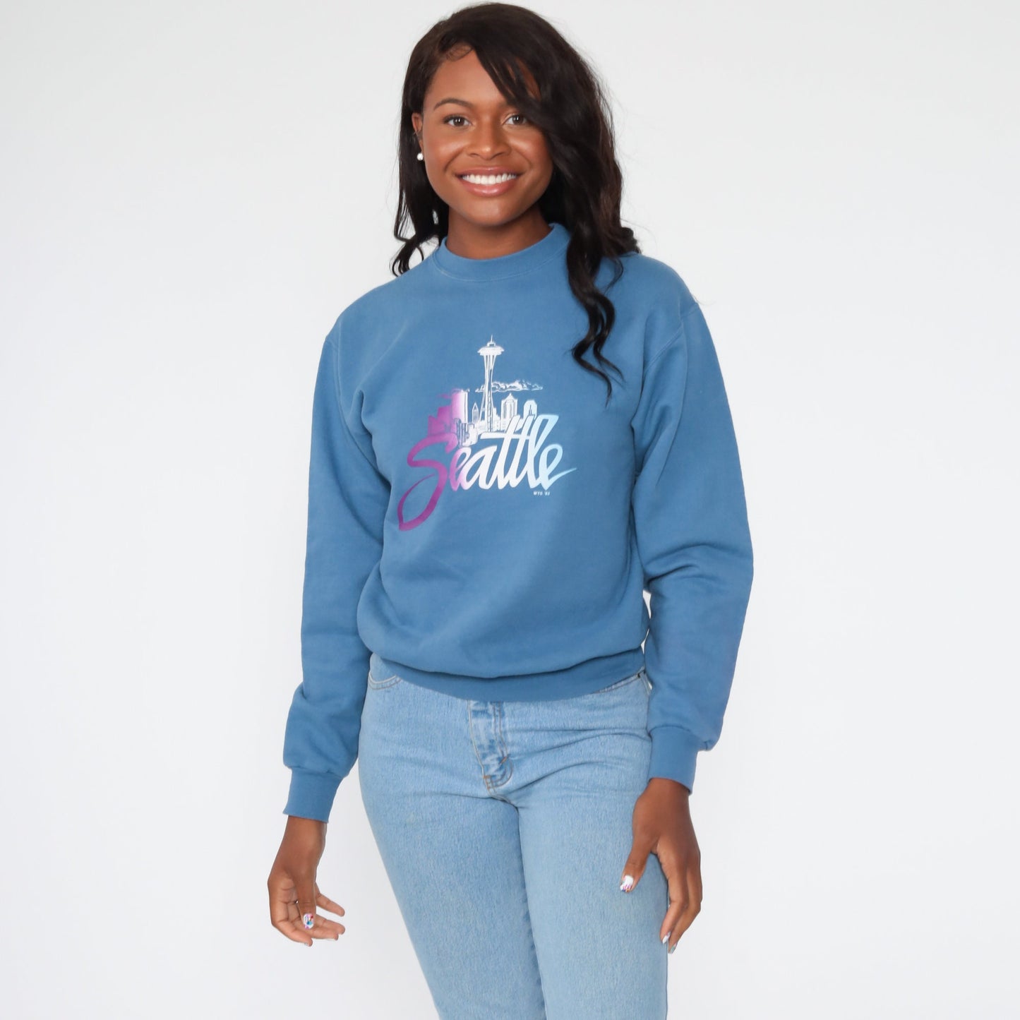 80s Seattle Space Needle Washington Graphic Sweatshirt Blue Extra Small