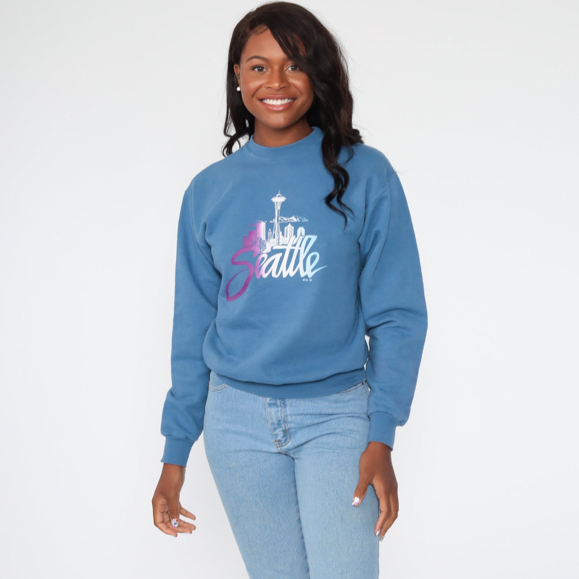 80s Seattle Space Needle Washington Graphic Sweatshirt Blue Extra Small