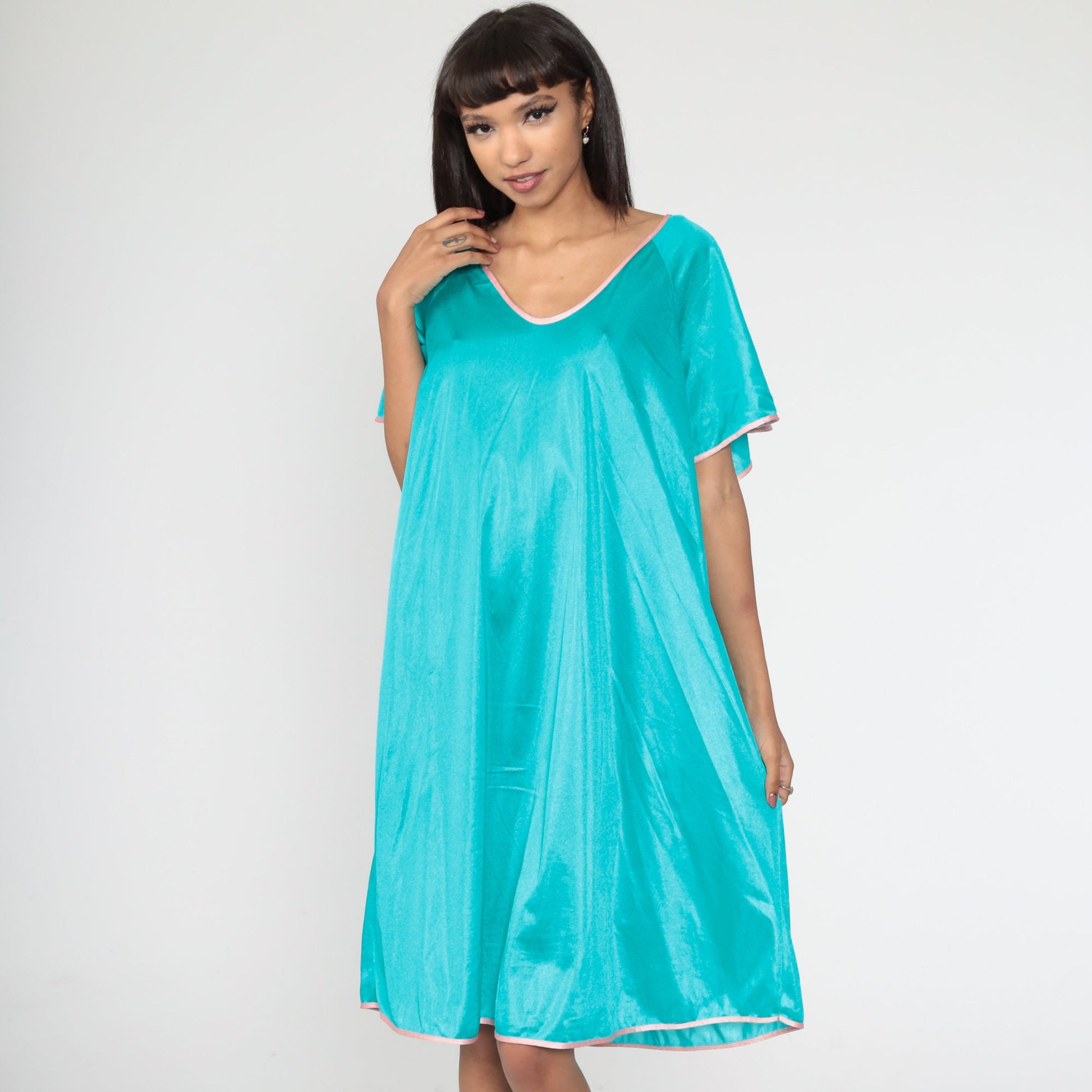 1960s Turquoise Nylon Nightgown Pink Ringer Trim Tent Cut Extra Large XXL