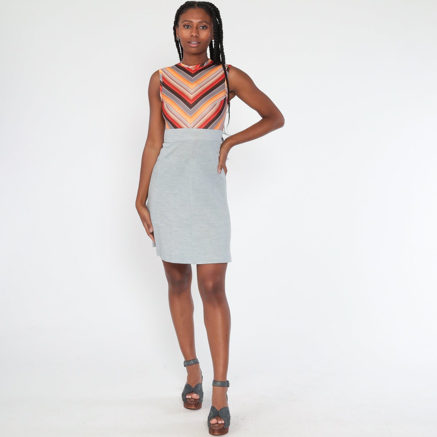 70s Chevron Stripe Mini Shift Dress Empire Waist Grey Orange Extra Small