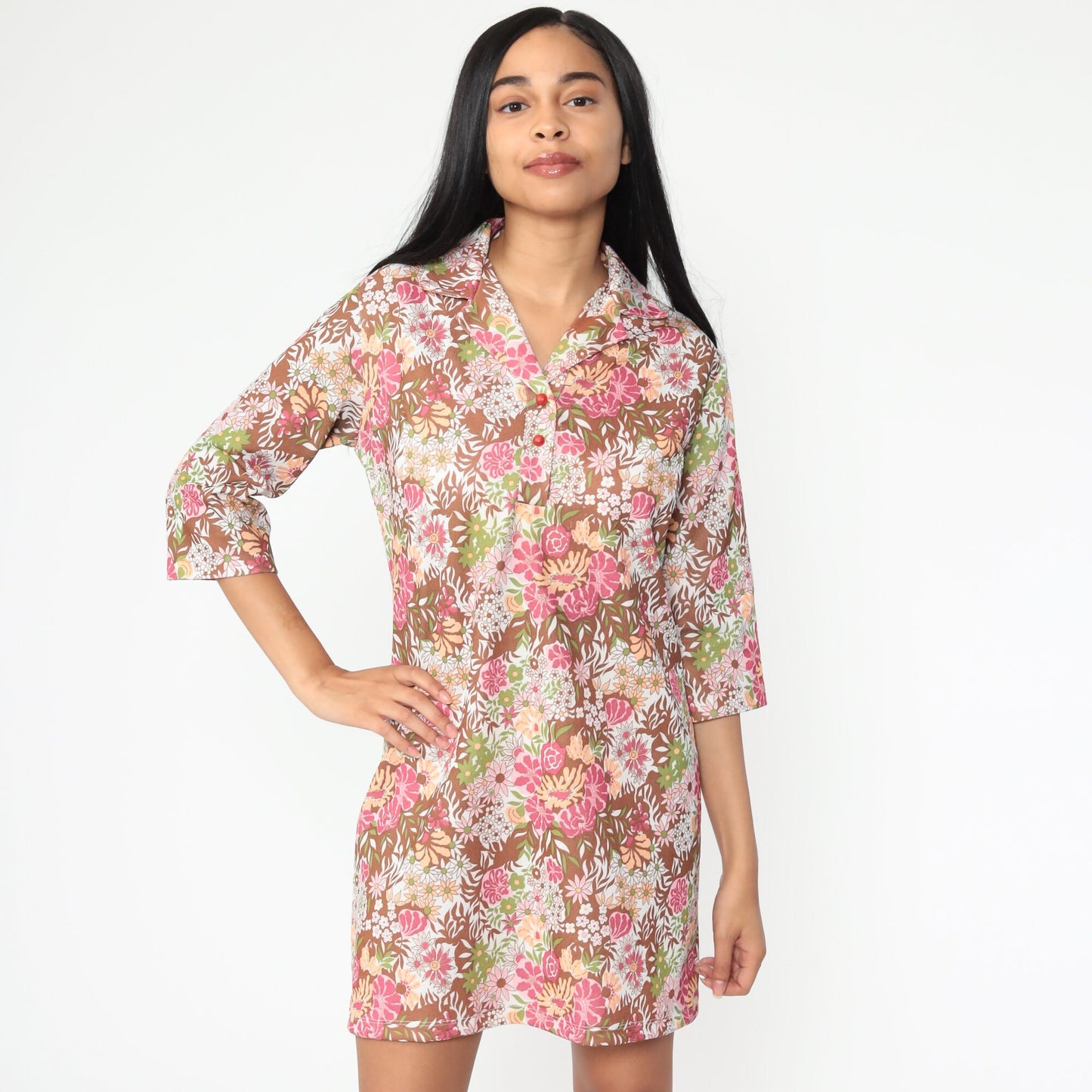 1960s Floral Shift Dress Pink Brown Mini Short Sleeve Medium