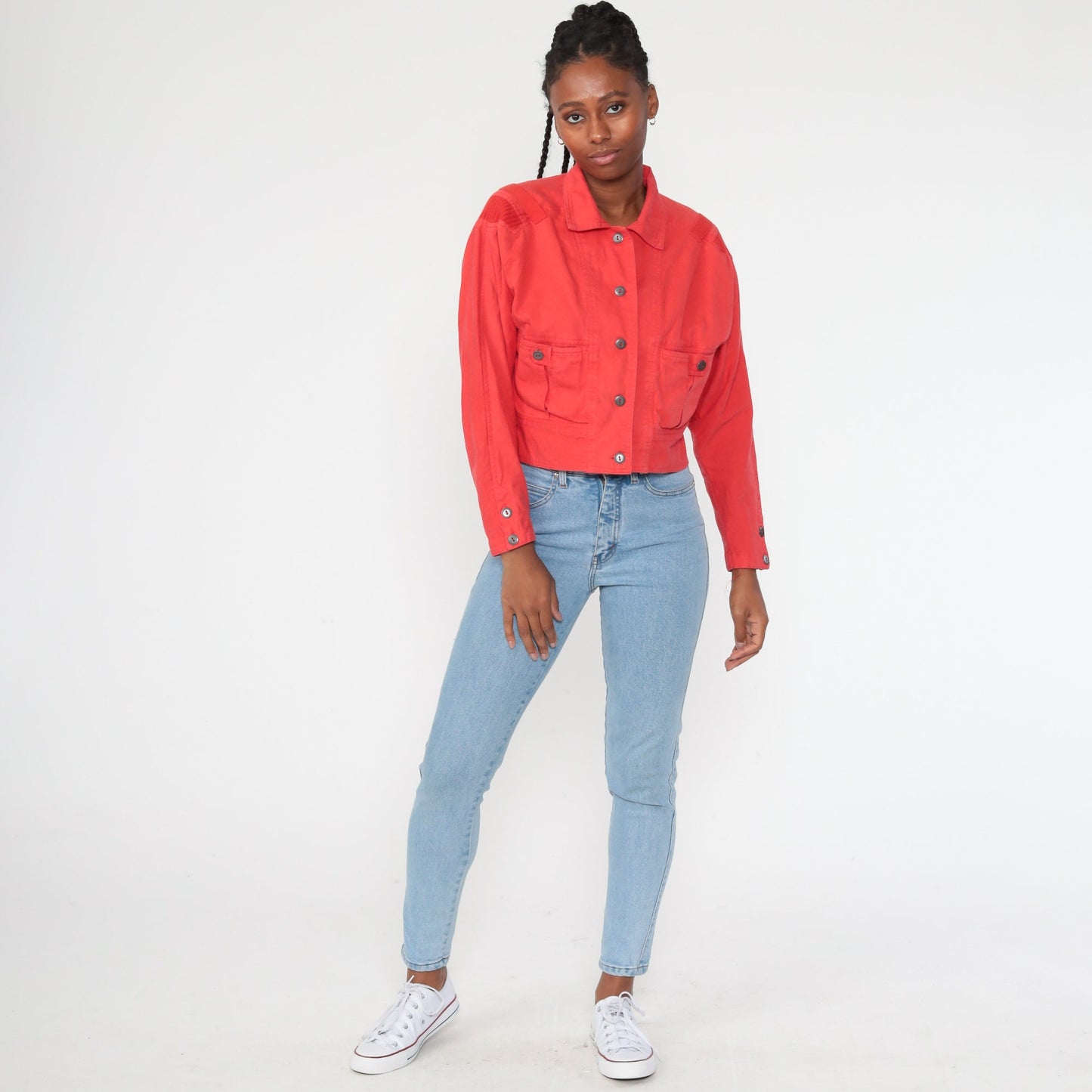 90s Red Cotton Cropped Jacket Button Up Cargo Pocket Small