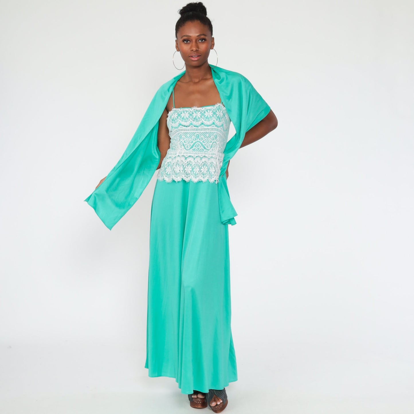 70s Green Lace Maxi Dress Spaghetti Strap Low Waist Extra Small