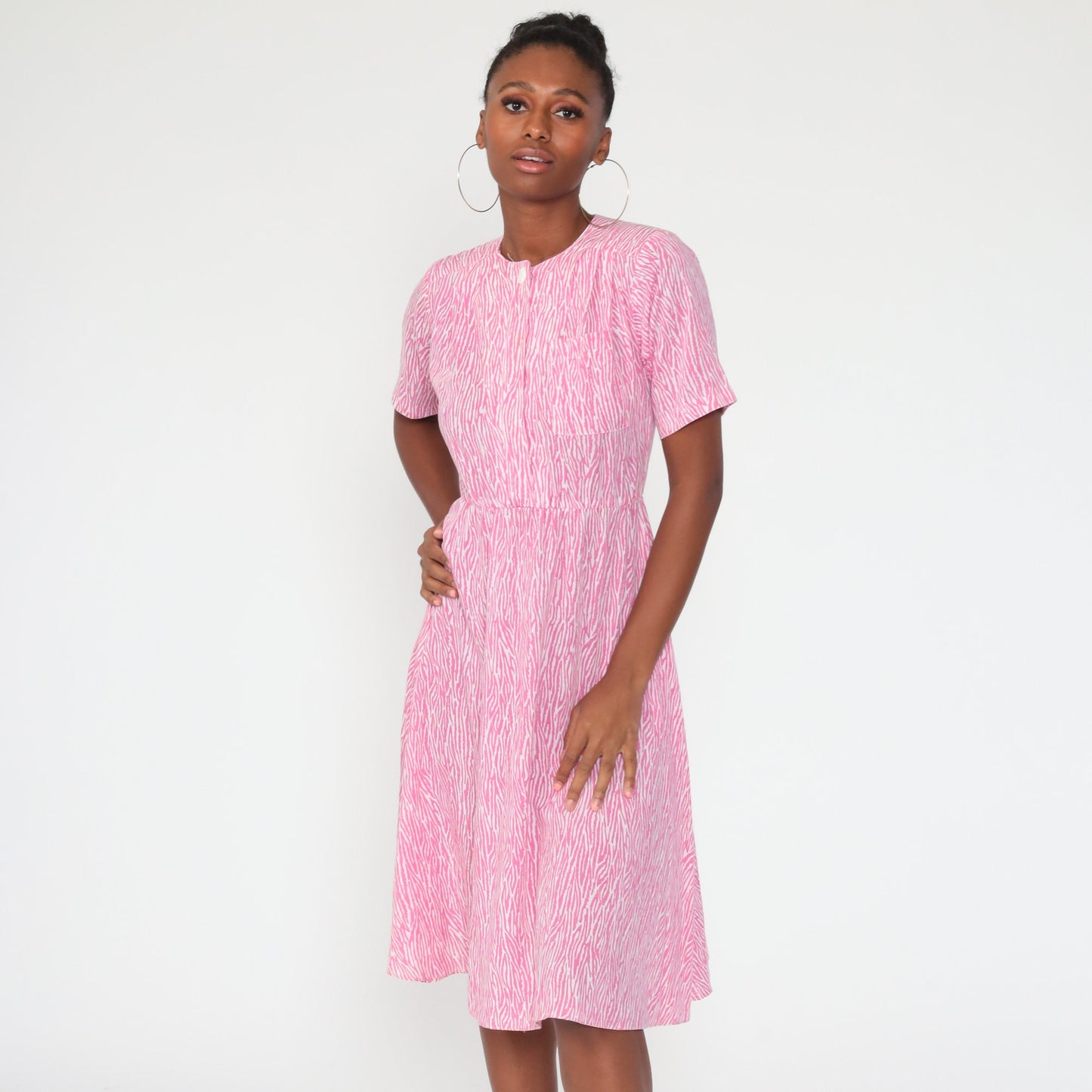 70s Tiger Stripe Print Midi Shirtdress Pink High Waist Button Up Small