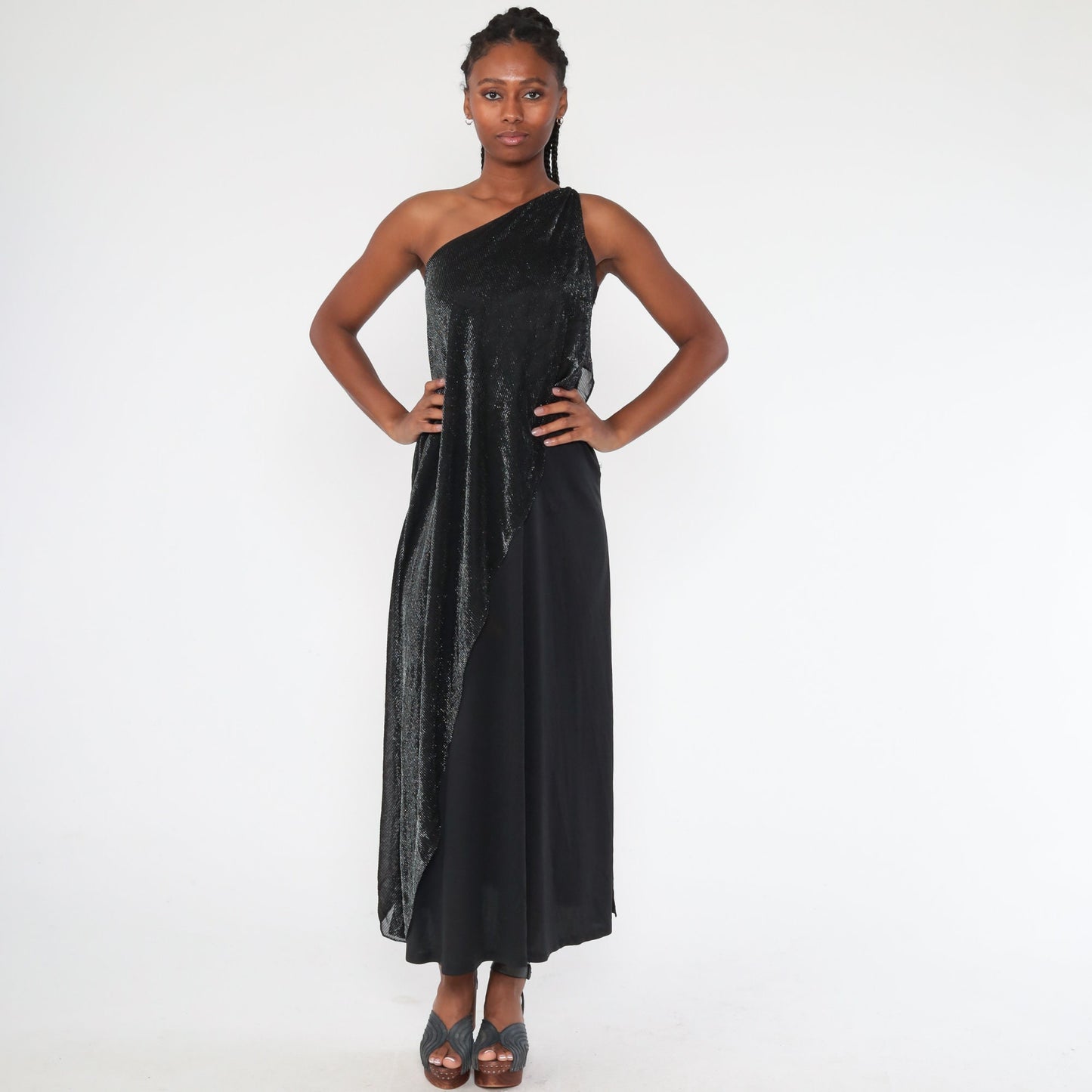 90s Black Metallic One-Shoulder Maxi Dress Draped Glitter Panel Extra Small