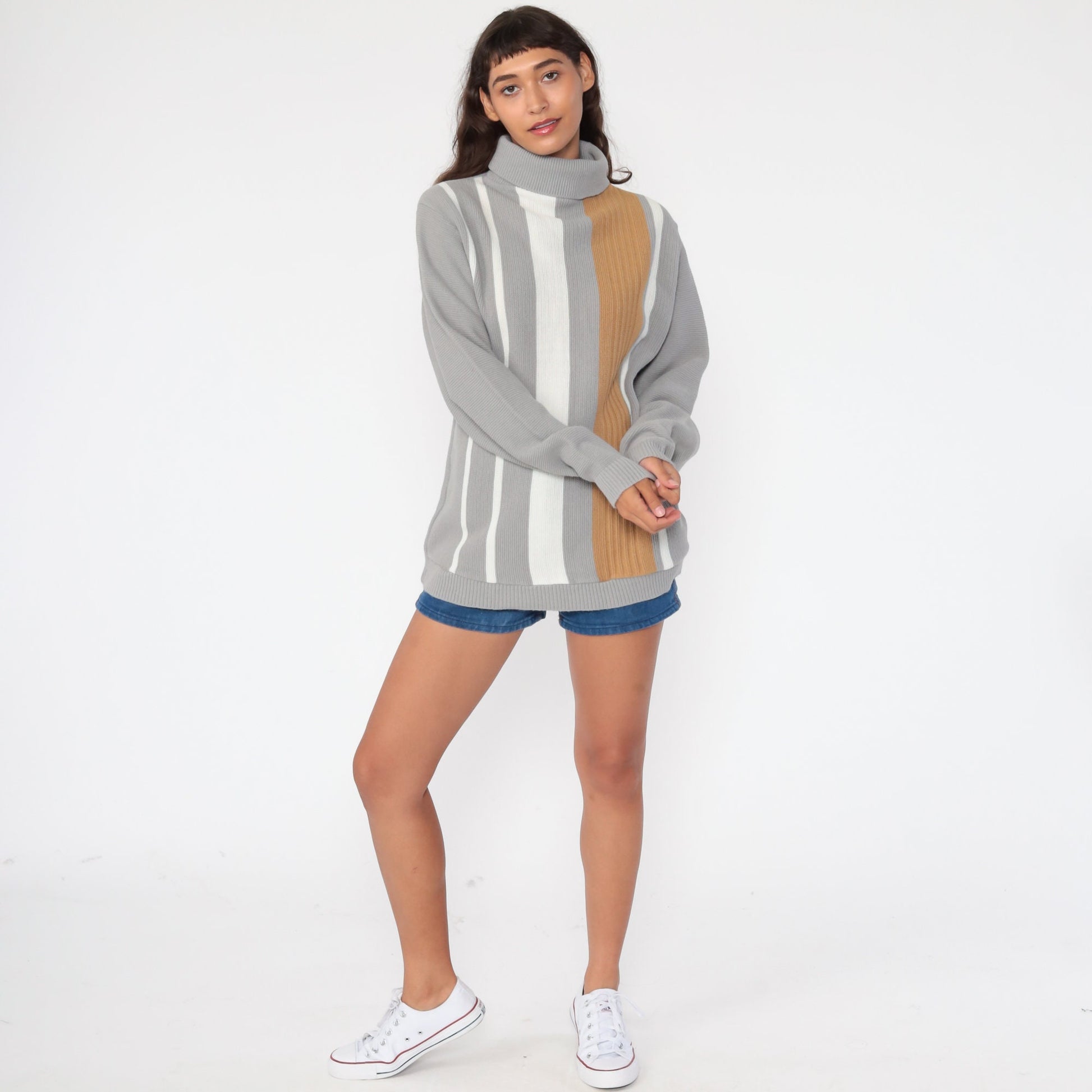 80s Striped Turtleneck Sweater Grey Knit Pullover Medium