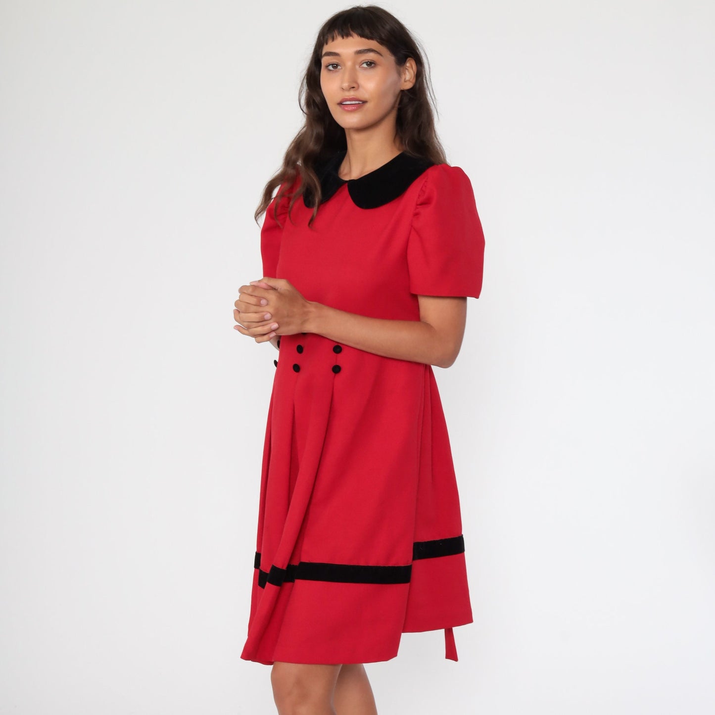 90s Red Midi Dress Peter Pan Collar Puff Sleeve Pleated Large 12