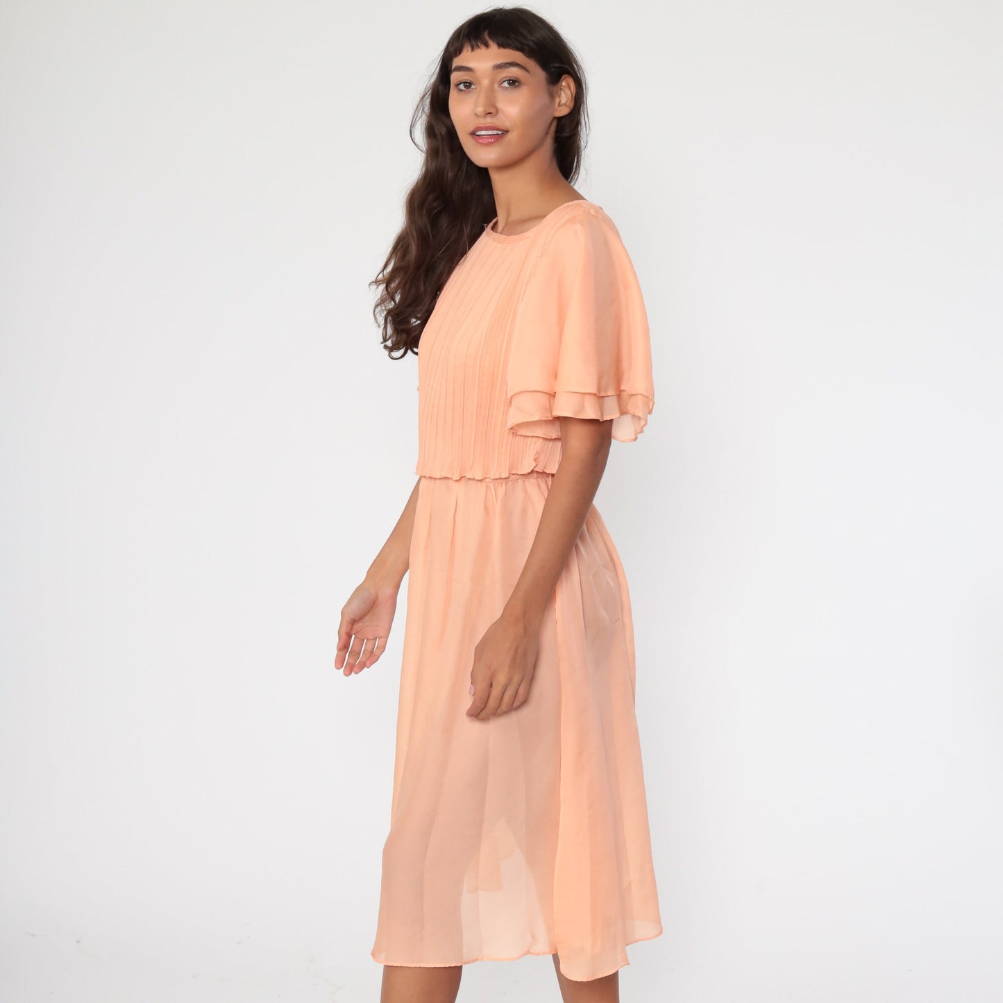 70s Orange Grecian Midi Dress Flutter Sleeve High Waist Small
