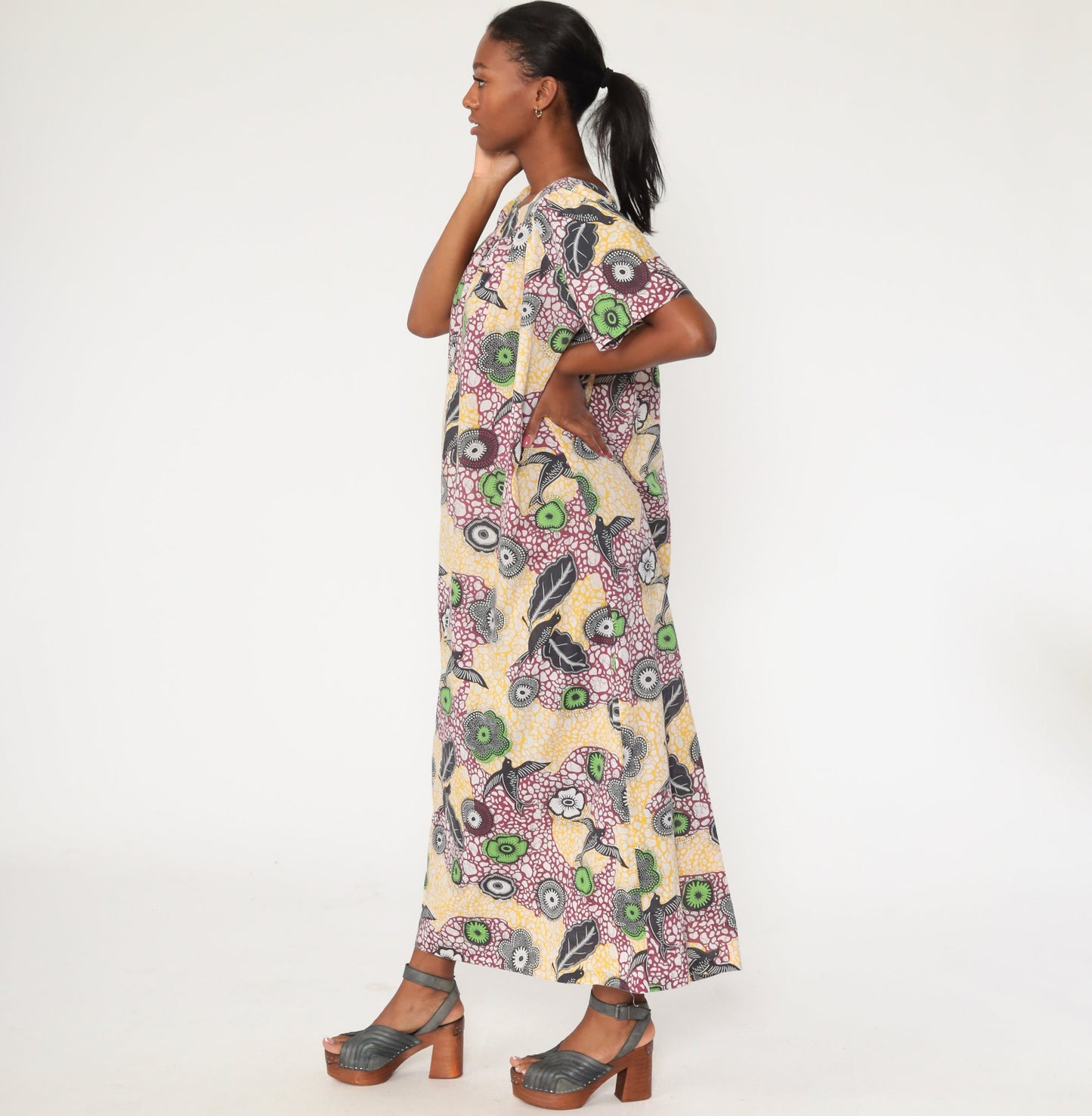 70s Bird Print Maxi Dress Caftan Cotton Blend Long Sleeve Medium