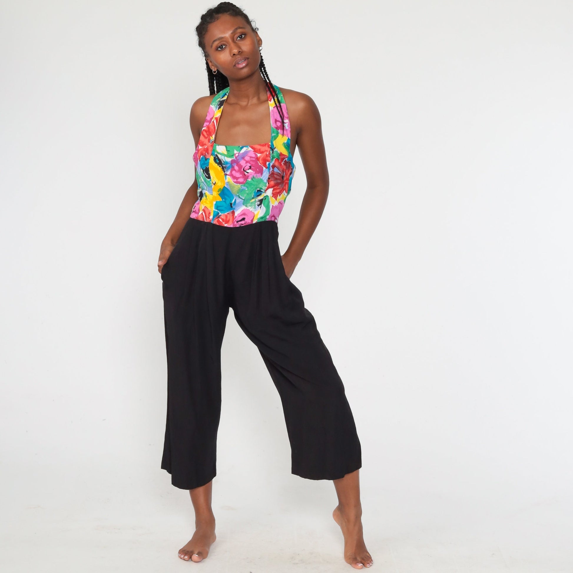 90s Black Floral Halter Jumpsuit Straight Leg Backless Small S
