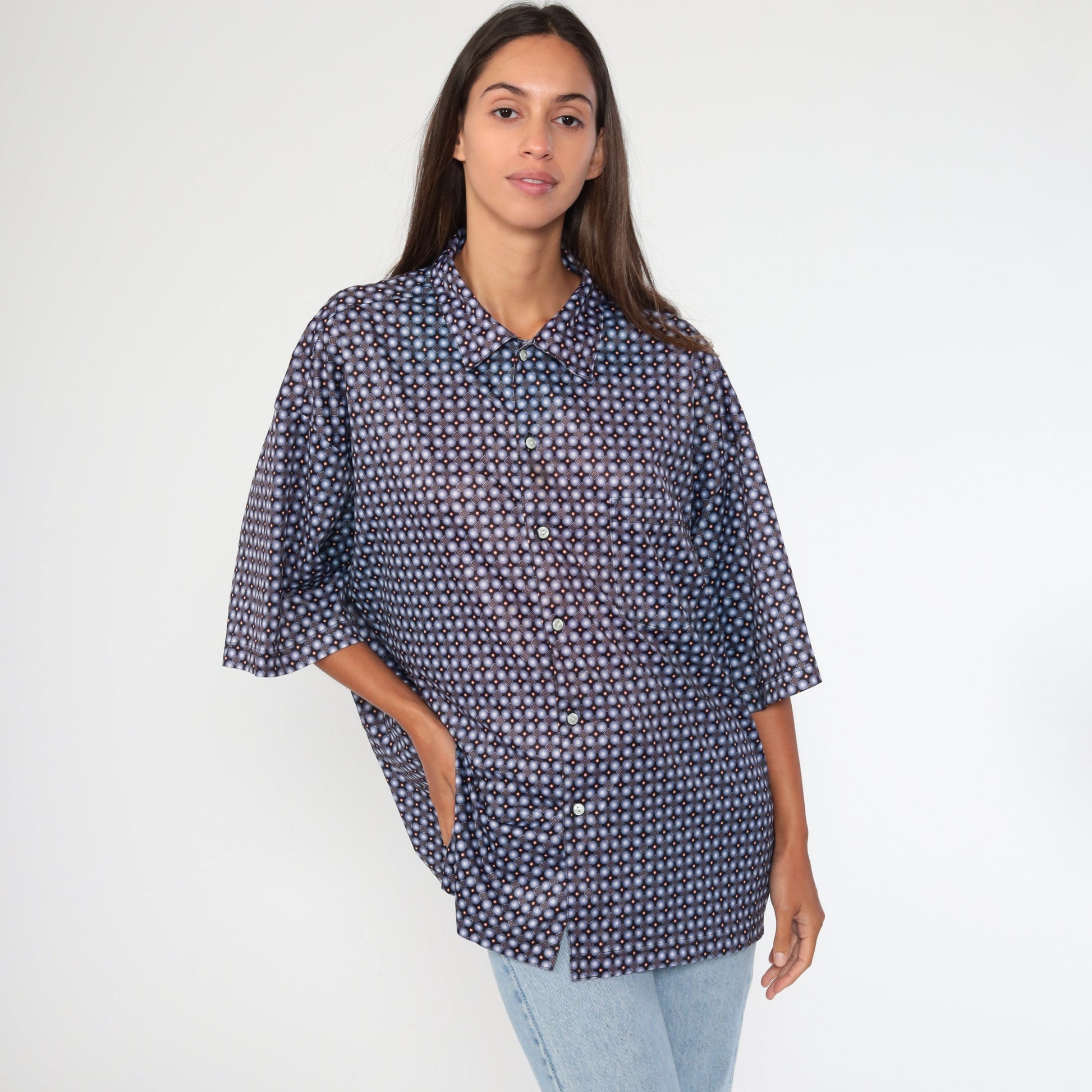 90s Geometric Print Button-Up Shirt Blue Brown Short Sleeve Extra Large