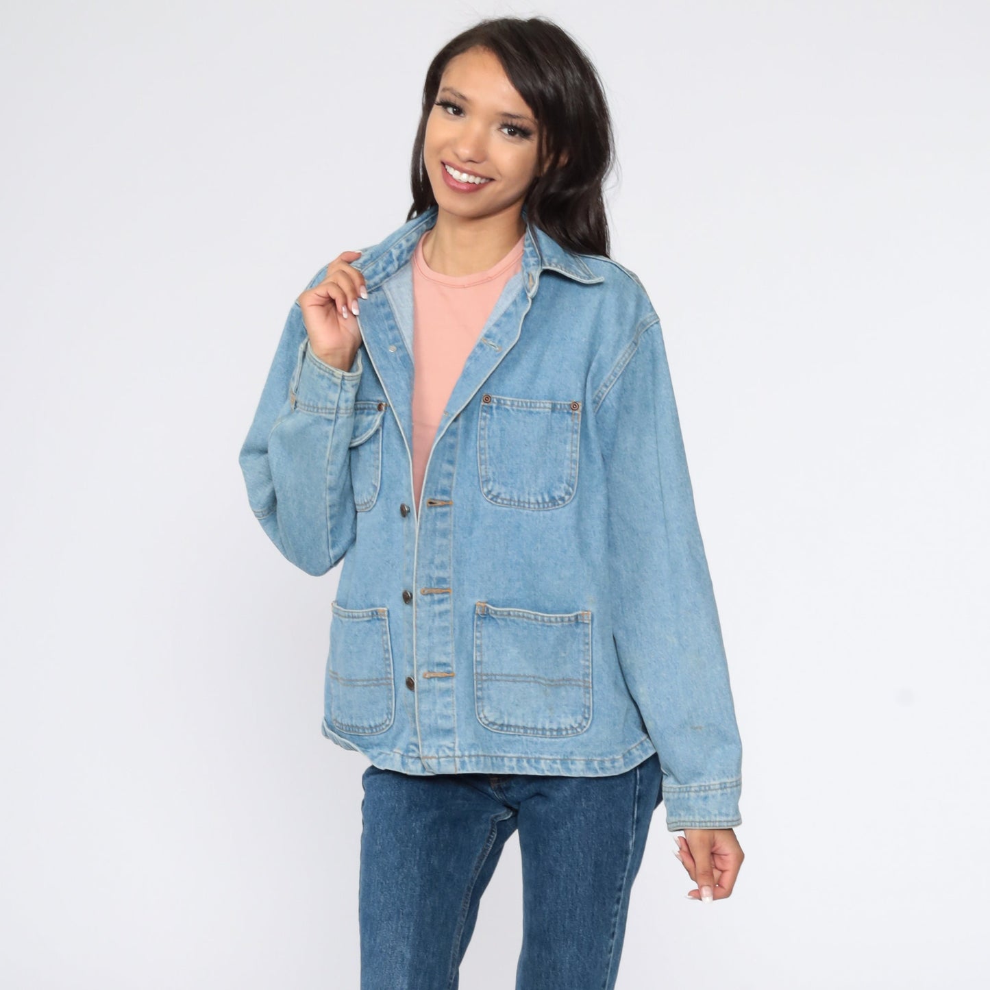 90s Light Blue Denim Cargo Jacket Workwear Button Up Medium