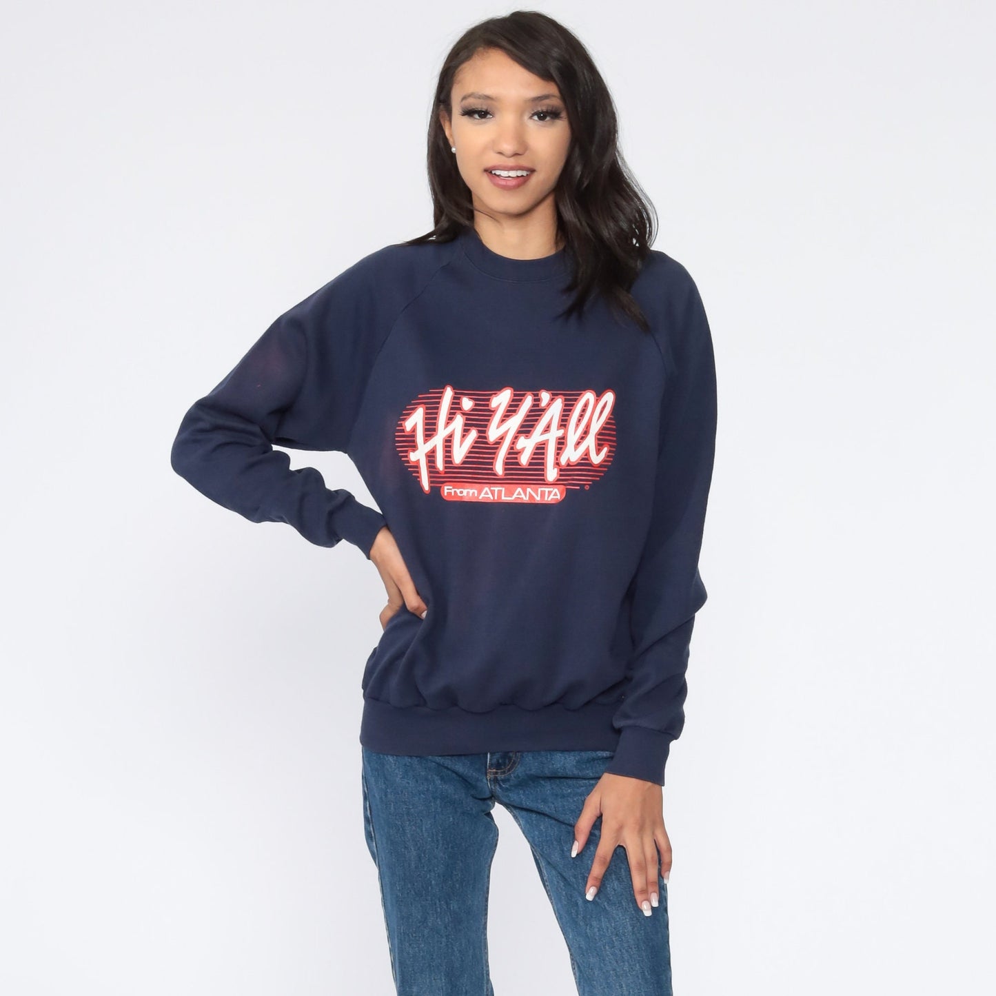80s Atlanta Hey Y'all Georgia Raglan Sweatshirt Navy Graphic Crewneck Medium