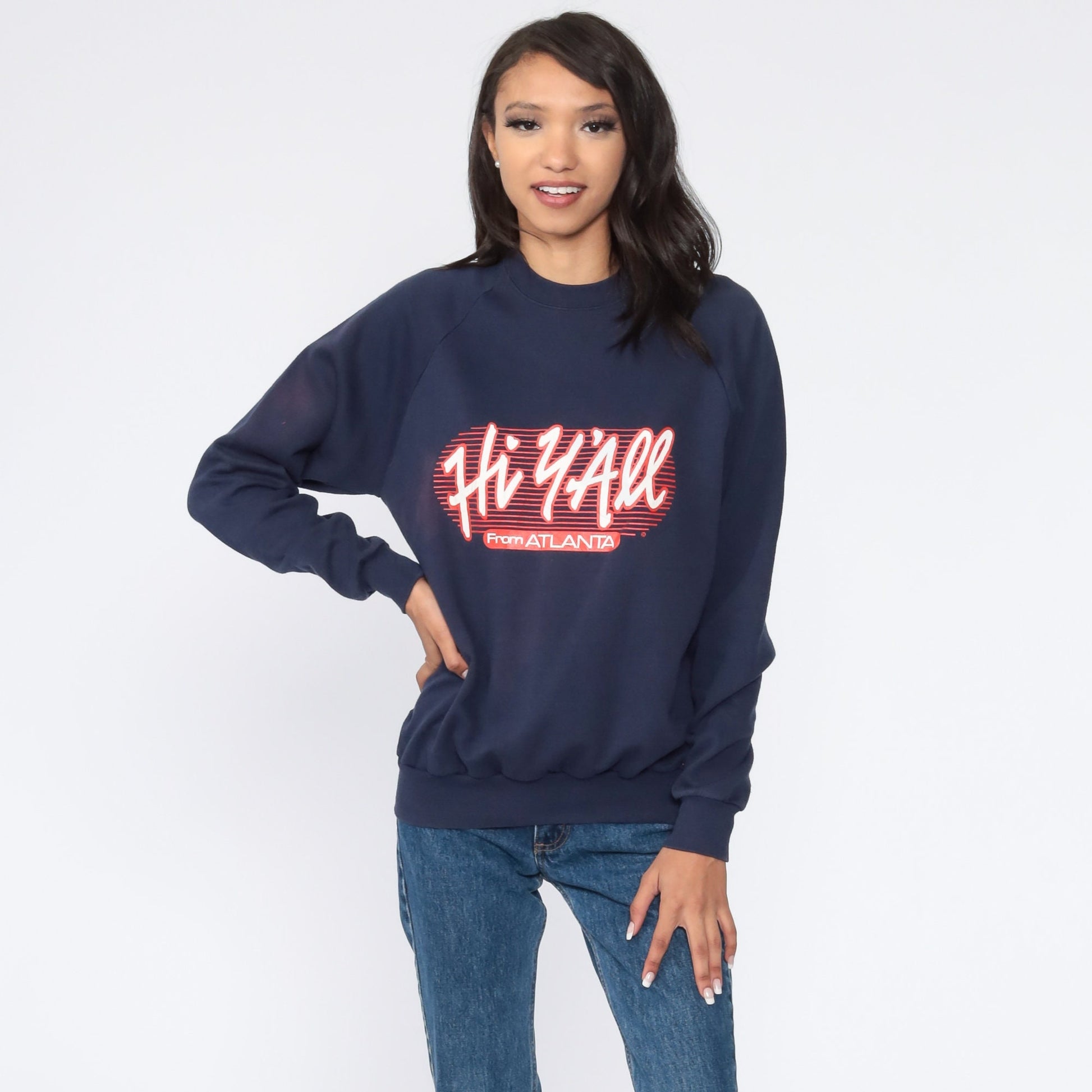 80s Atlanta Hey Y'all Georgia Raglan Sweatshirt Navy Graphic Crewneck Medium