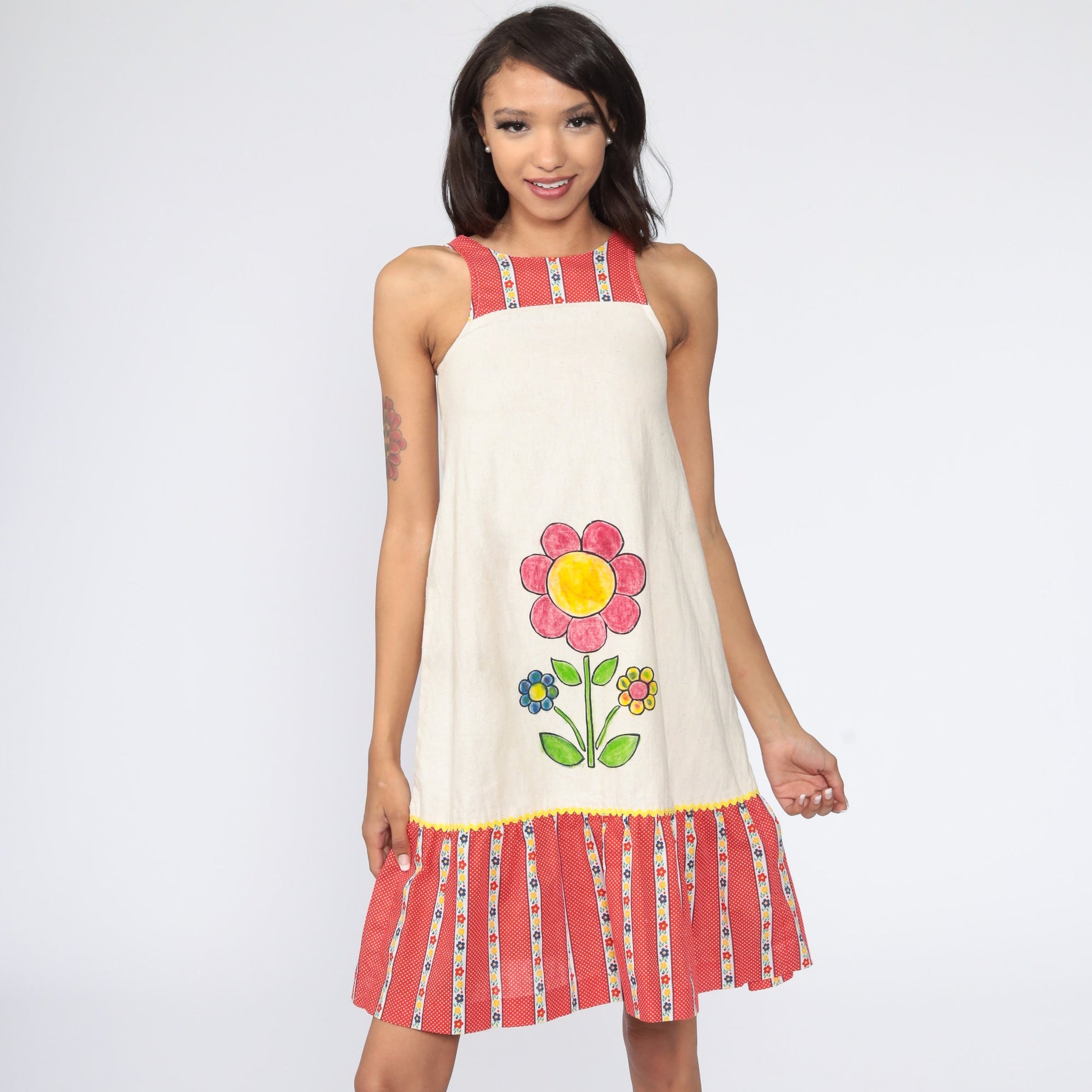 70s Floral Midi Dress Beige Cotton Shift Sleeveless XXS