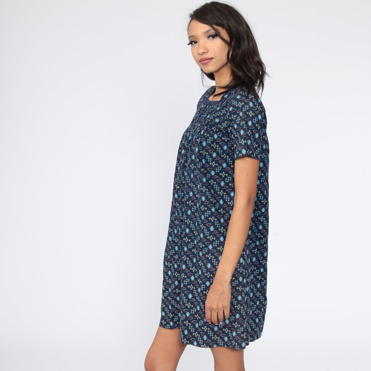 60s Mod Mini Dress Blue Checkered Shift Twiggy Small