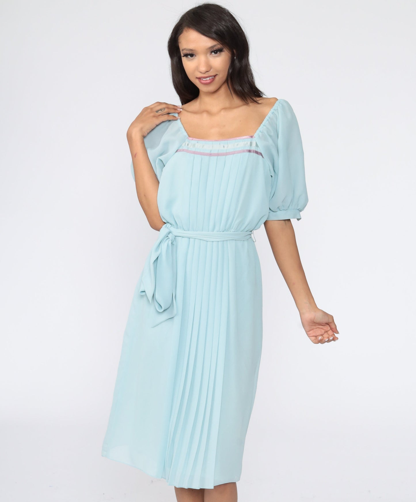 70s Baby Blue Pleated Midi Dress Puff Sleeve High Waist Small