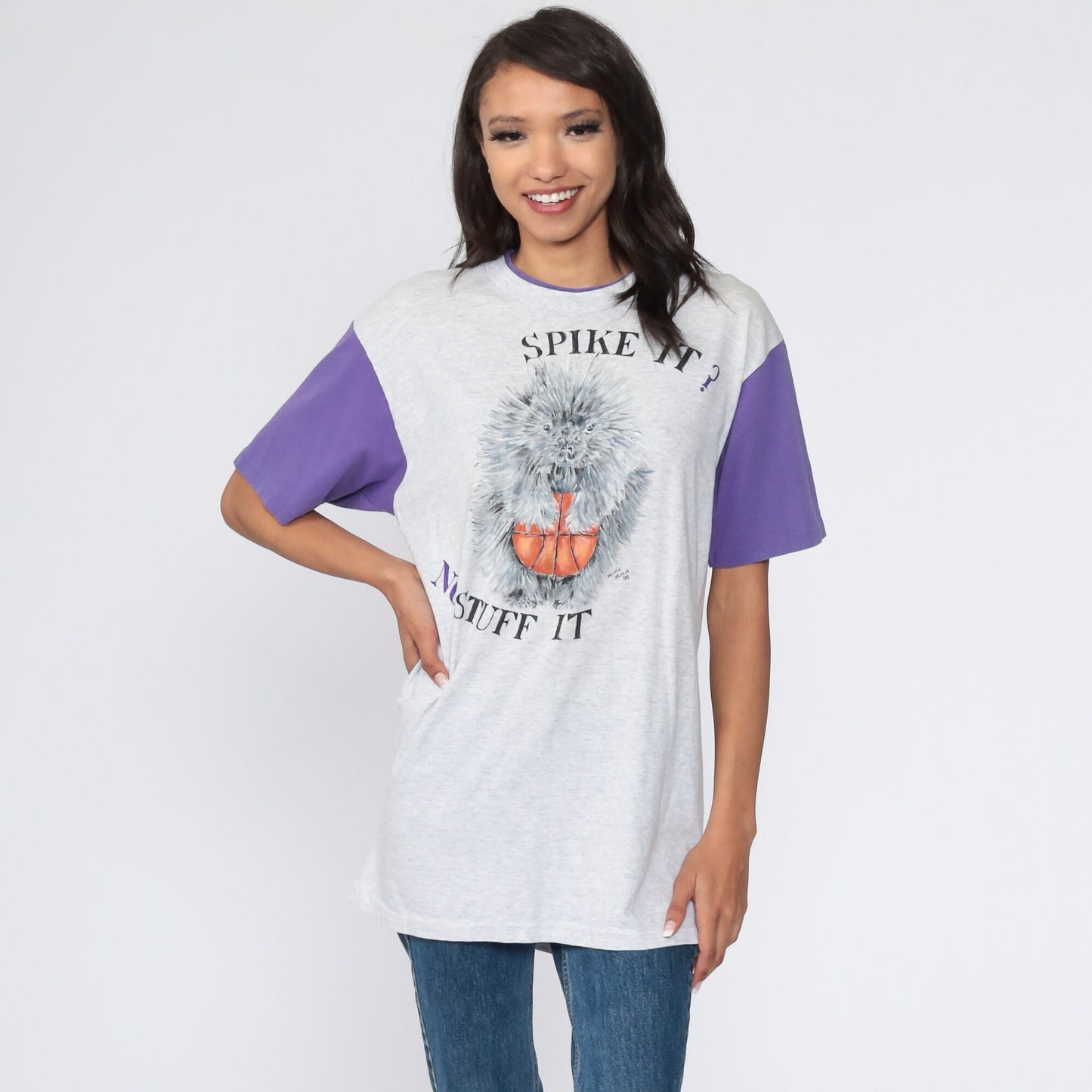 80s Porcupine Basketball Graphic T-Shirt Grey Ringer Tee Medium