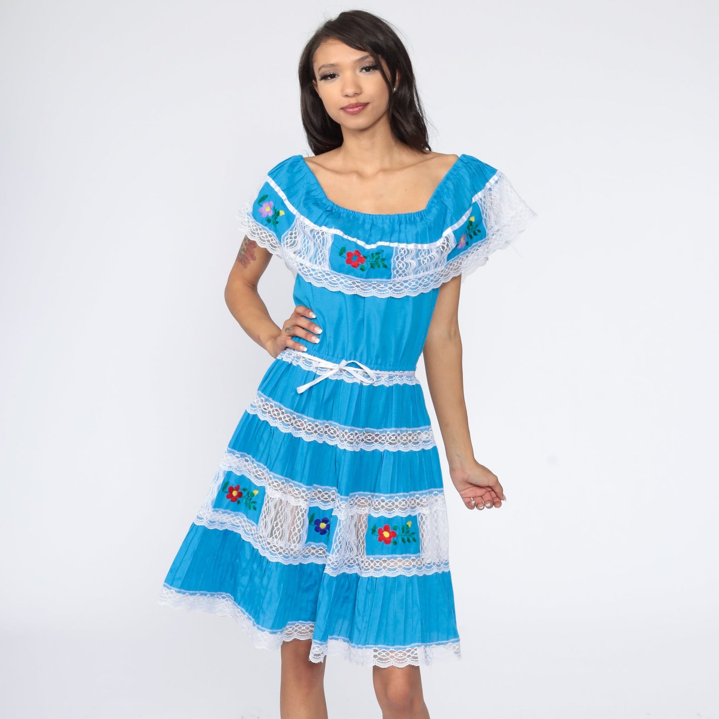 80s Mexican Peasant Dress Embroidered Off-Shoulder Midi Blue Small